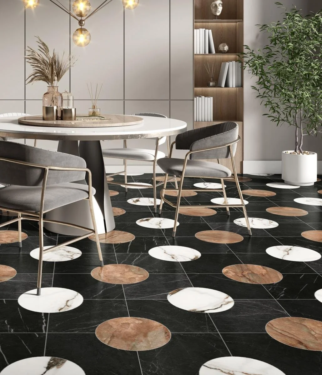 Modern Bliss, Pattern A, Titan Scale, Marquina Matte, Breccia Capraia Matte, Nuage Matte, Avalanche Grout