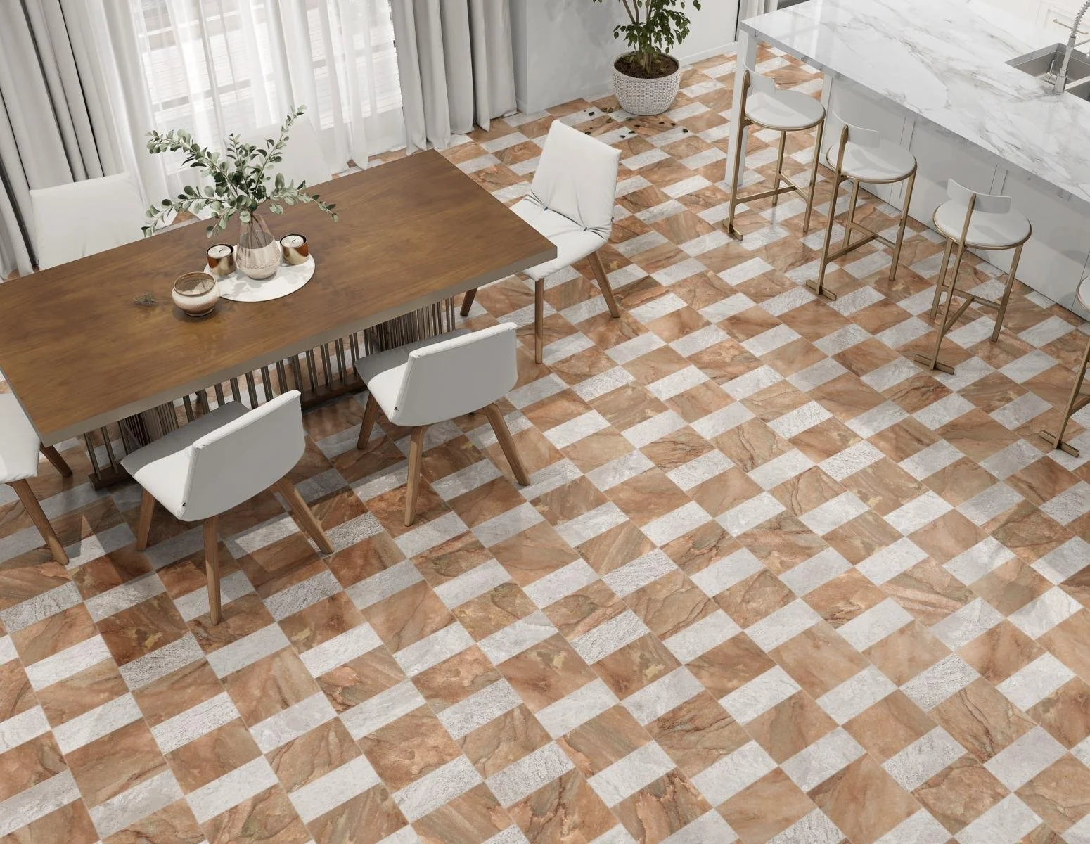 Off the Beaten Path, Pattern A, Grande Scale, Hermitage Matte, Nuage Matte, Warm Gray Grout