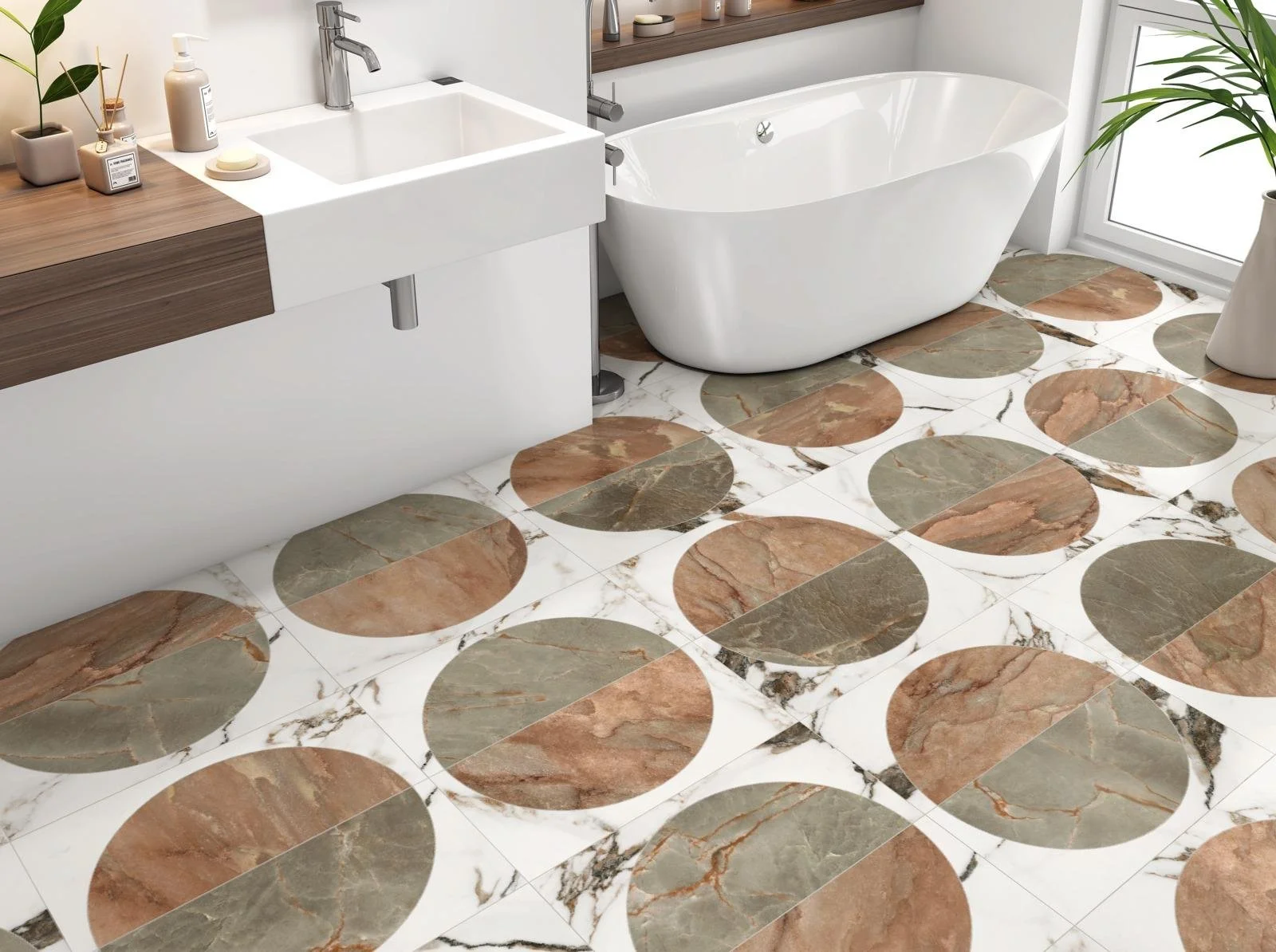 Salt or No Salt, Pattern E, Titan Scale, Breccia Capraia Matte, Nuage Matte, J'Adore Matte, Alabaster Grout