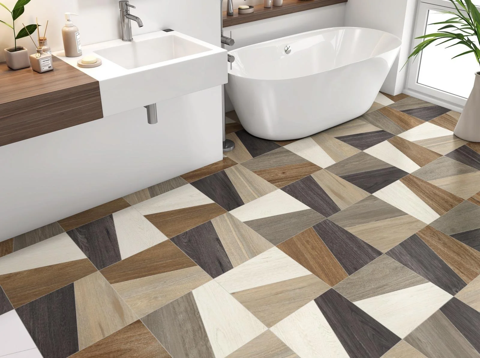 Trapeze, Pattern B, Grande Scale, Night Wood Matte, Blaze Wood Matte, Bright Wood Matte, Dawn Wood Matte, Dusk Wood Matte, Alabaster Grout