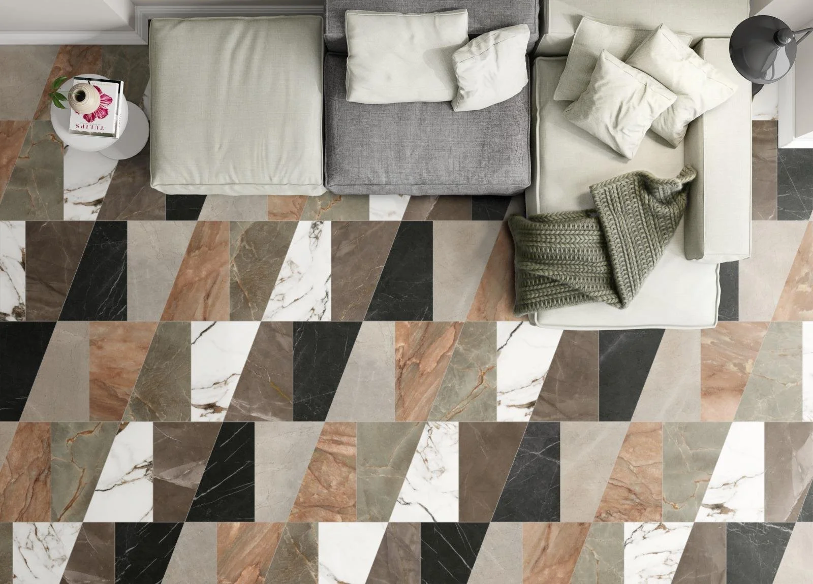 Trapeze, Pattern D, Titan Scale, Breccia Capraia Matte, Arcadia Matte, Pulpis Matte, Nuage Matte, J'Adore Matte, Marquina Matte, Alabaster Grout