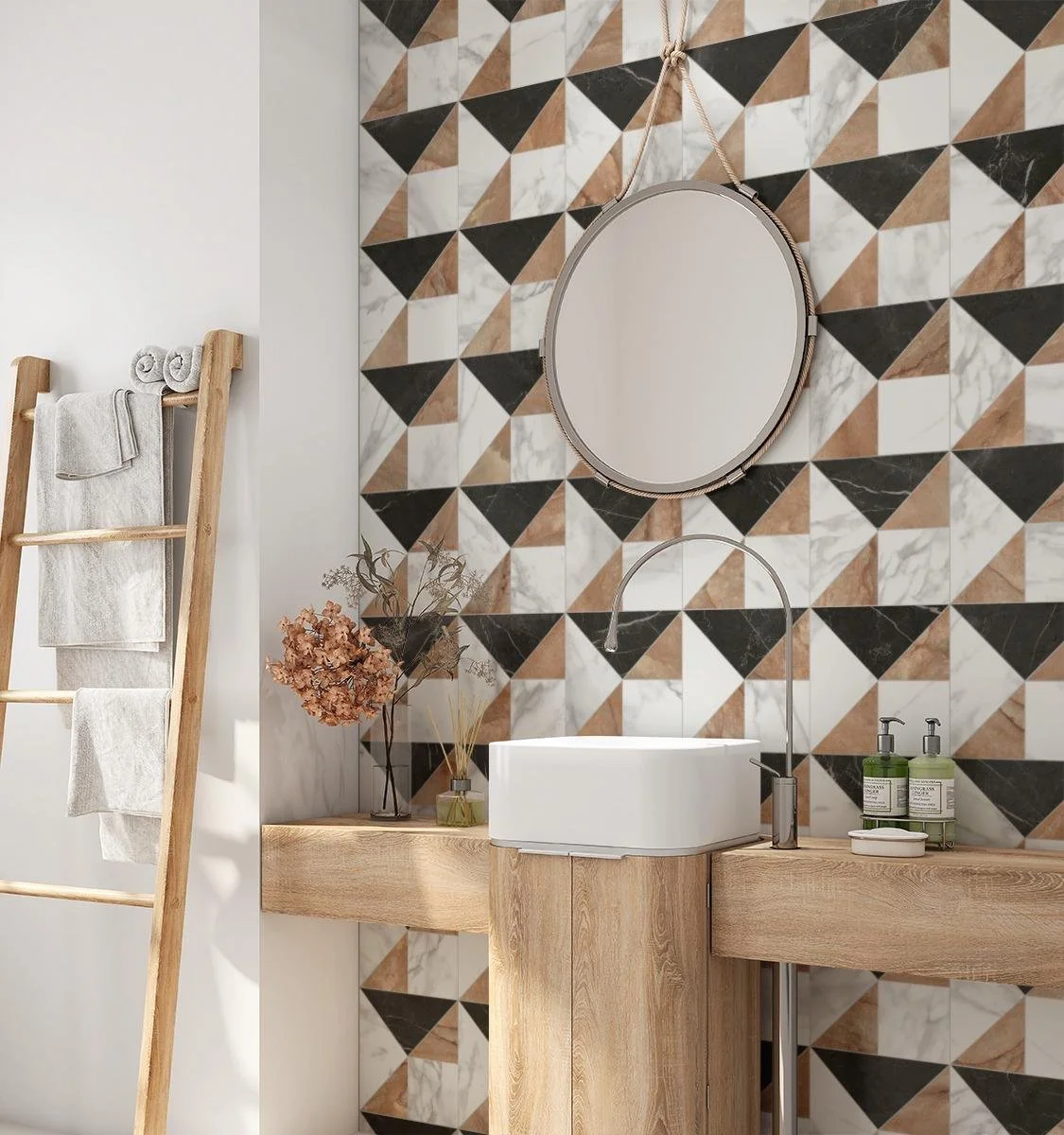 Tried &amp; True, Pattern A, Petite Scale, Marquina Matte, Nuage Matte, Nuvolato Matte, Warm Gray Grout