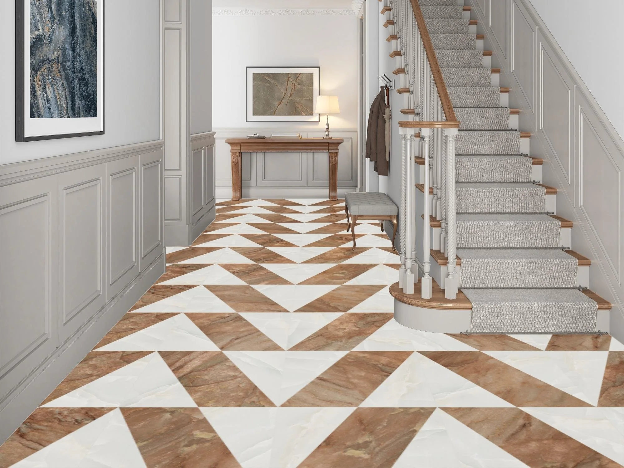 Whistling Wind, Pattern B, Titan Scale, Nuage Matte, Onyx White Polished, Avalanche Grout