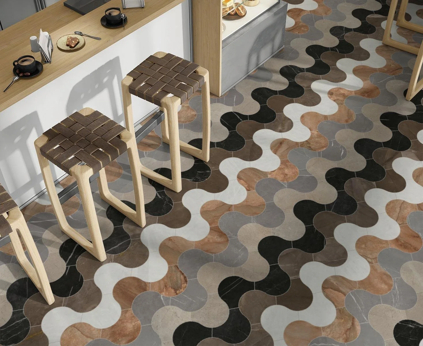 Word of Mouth, Pattern A, Modest Scale, Cristallo Matte, Nuage Matte, Impero Matte, Arcadia Matte, Marquina Matte, Pulpis Matte, Alabaster Grout