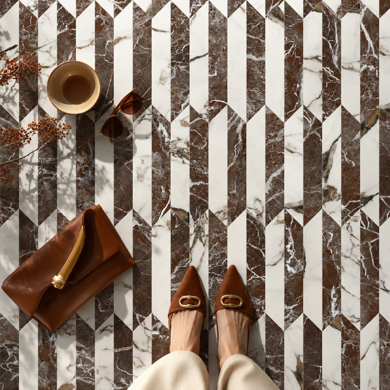 Bars, Pattern A, Modest Scale, Breccia Capria Matte, Rosso Levanto matte