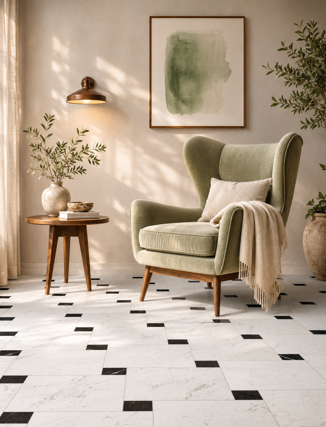 Audrey Lane Framework – 12x12 Carrara with 3x3 Nero Marquina - Marble Look Tile – Luxury Reading Nook.png