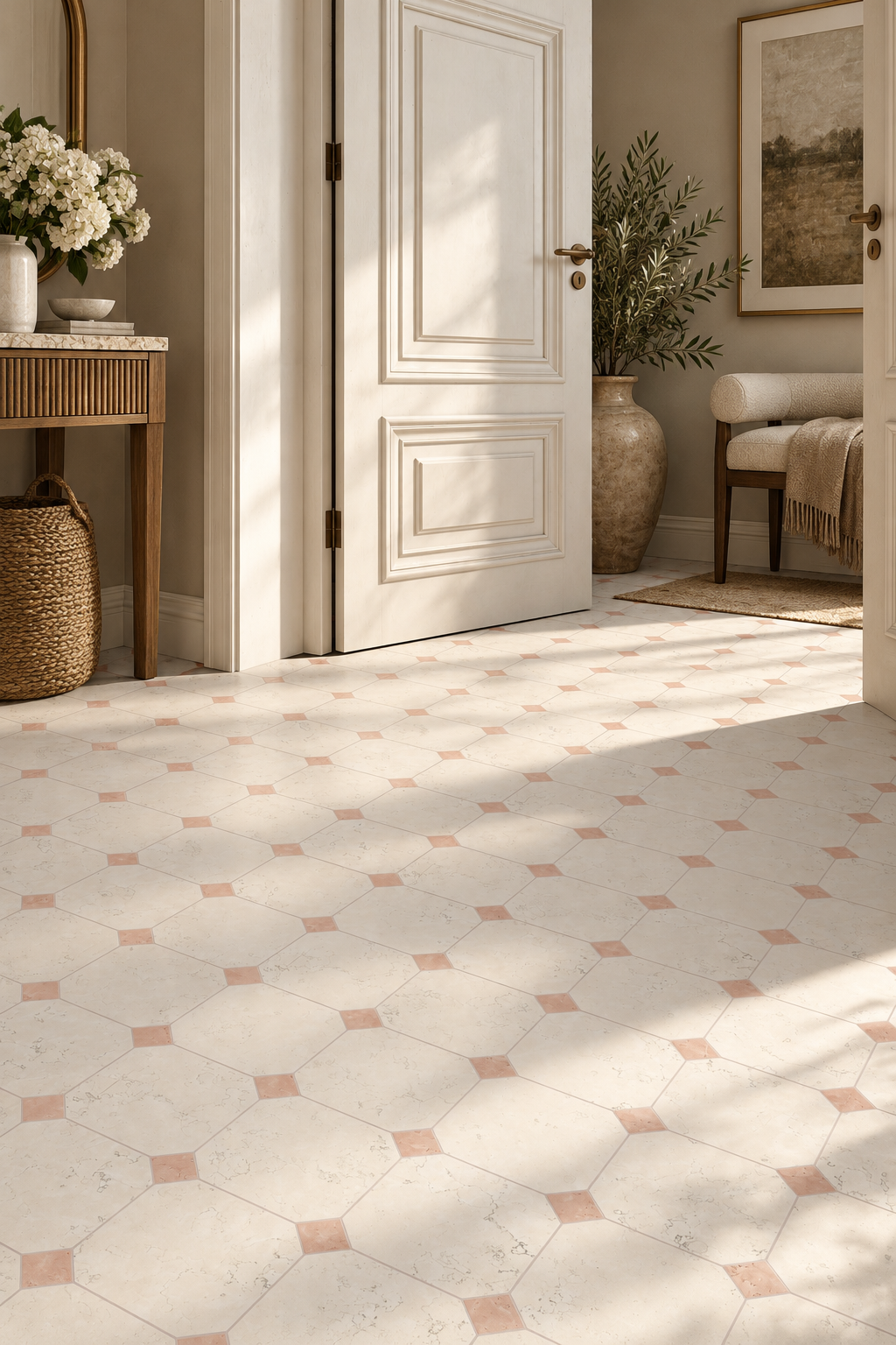 Audrey Lane-Framework Pattern Tile- Bianco Asigo Octagon with Rosa Perlino Dot-Tiled Foyer.png