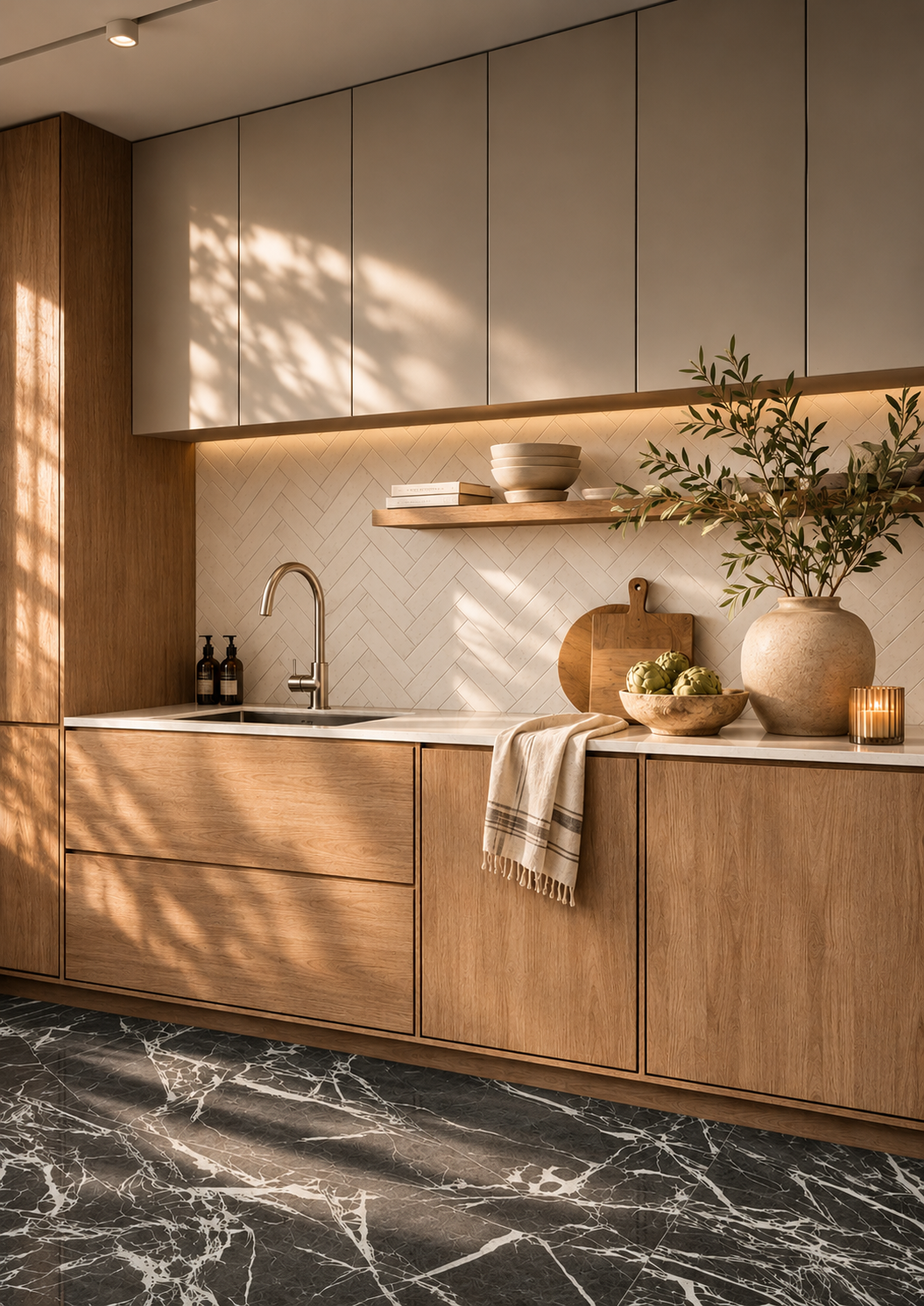 Audrey Lane Framework Pattern Tile - Empresse Green Floor-Carrara Herringbone 3x12 Backsplash.png