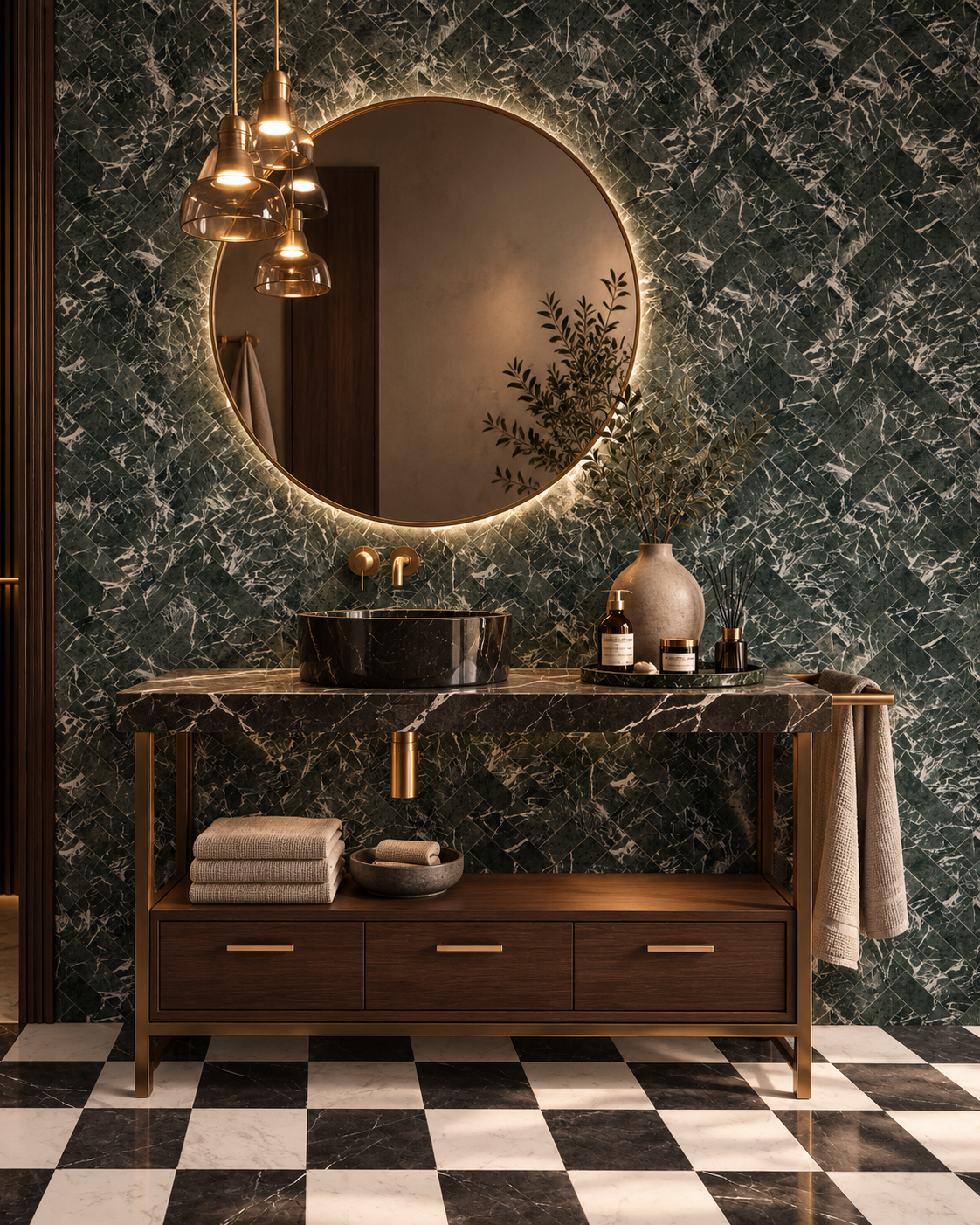 Audrey Lane-Framework Modular Tile-Empress Green 3x12 Herringbone Pattern Vanity wall-Carrara 12x12 Nero Select 12x12 Checkerboard Floor Tile.png