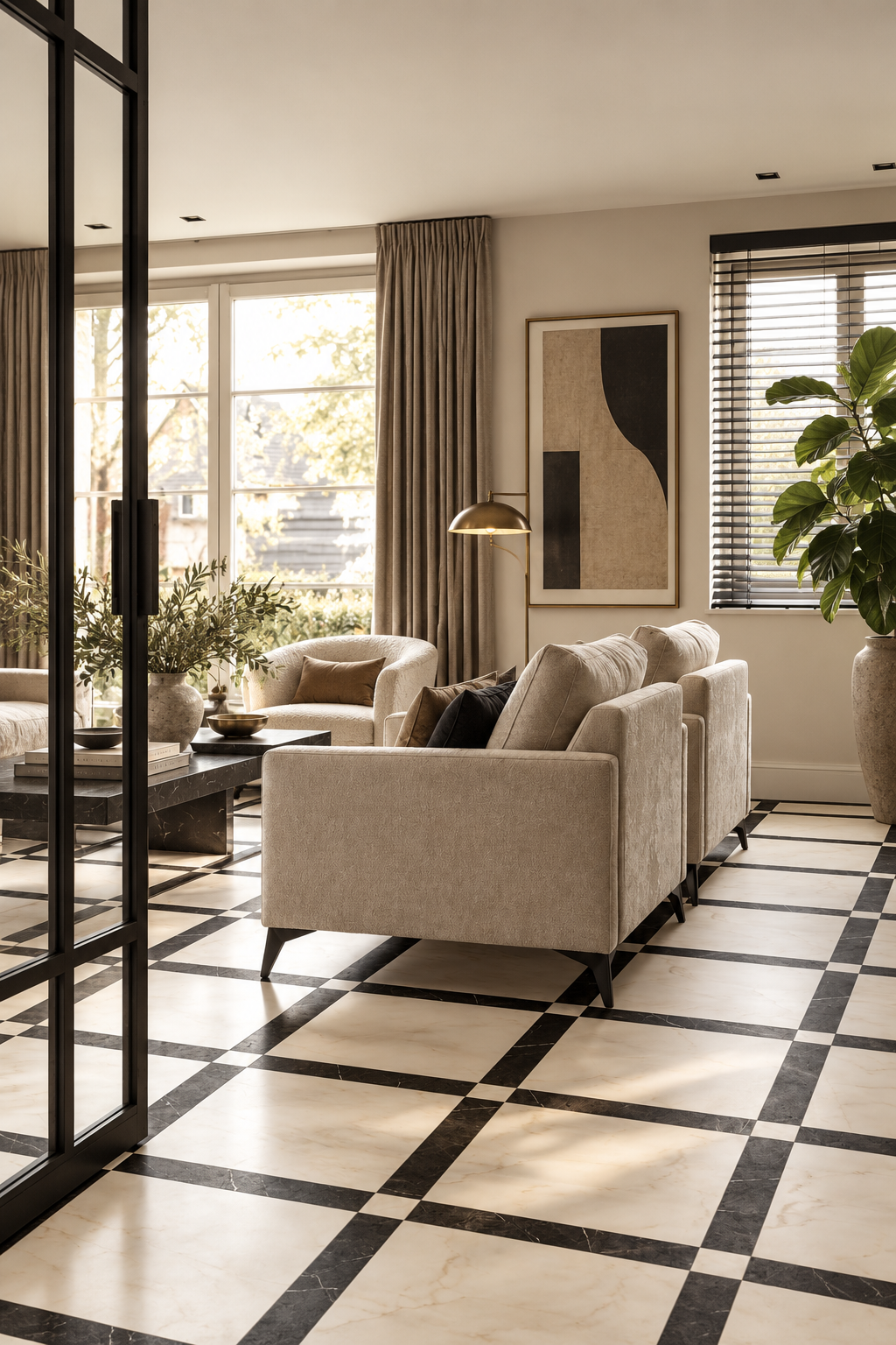 Audrey Lane-Framework Pattern Tile-Calacatta Ambra and Nero Select-Windowpane Frame Floor Tile Pattern.png