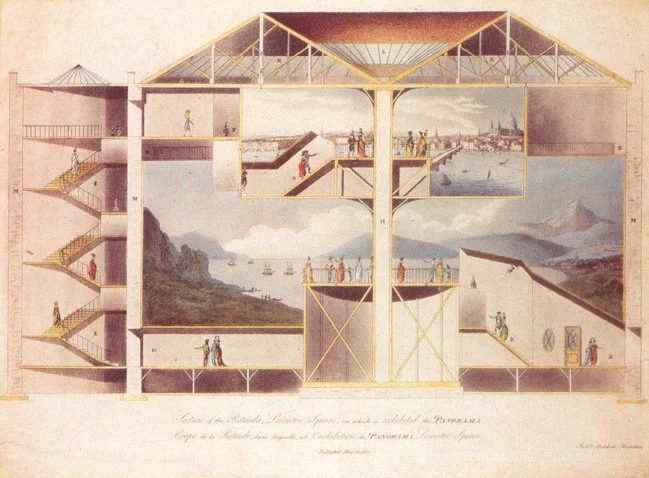 Section of the Rotunda, Leicester Square, 1801. Burford's Panorama, Leicester Square: cross section (acquatint from Robert Mitchell's Plans and Views in Perspective of Buildings Erected in England and Scotland, 1901). Stephen Oetermann, The Panorama History of Mass Media, N.Y. : Zone Books, 1997, p. 104 Mitchell was the panorama's architect. Notice that several panoramas could be exhibited in viewing apartments stacked on on top of the other.