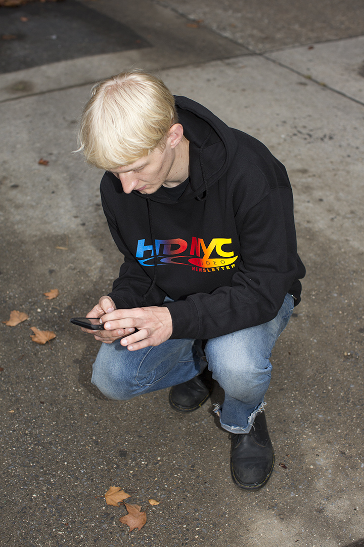 ALEXANDER WEARING HD NYC VIDEO NEWSLETTER BLACK HOODIE IN LARGE