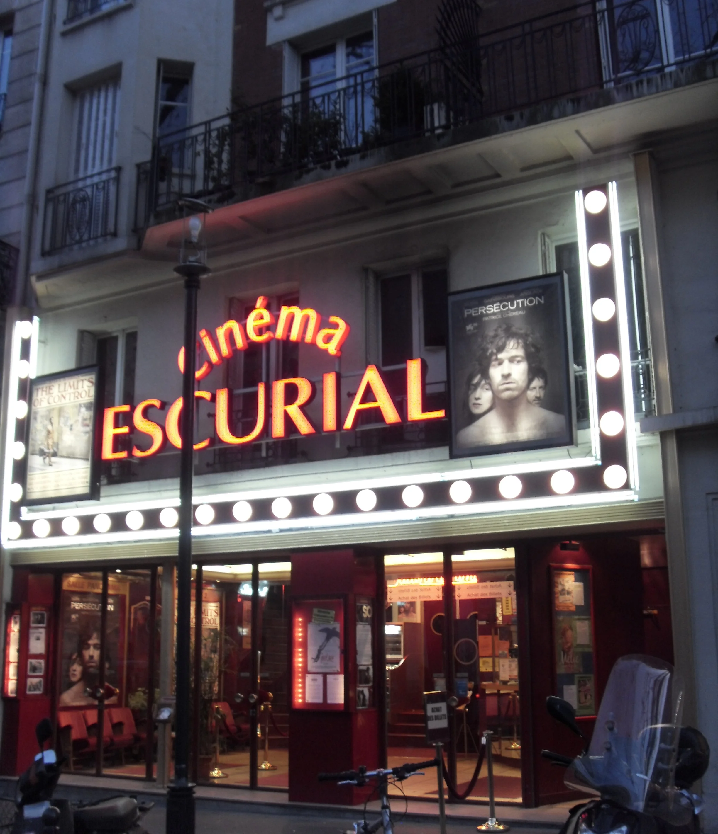 another cinema facade, l'escurial , Paris, 13e, just caught in the balance between day and evening, light and dark.