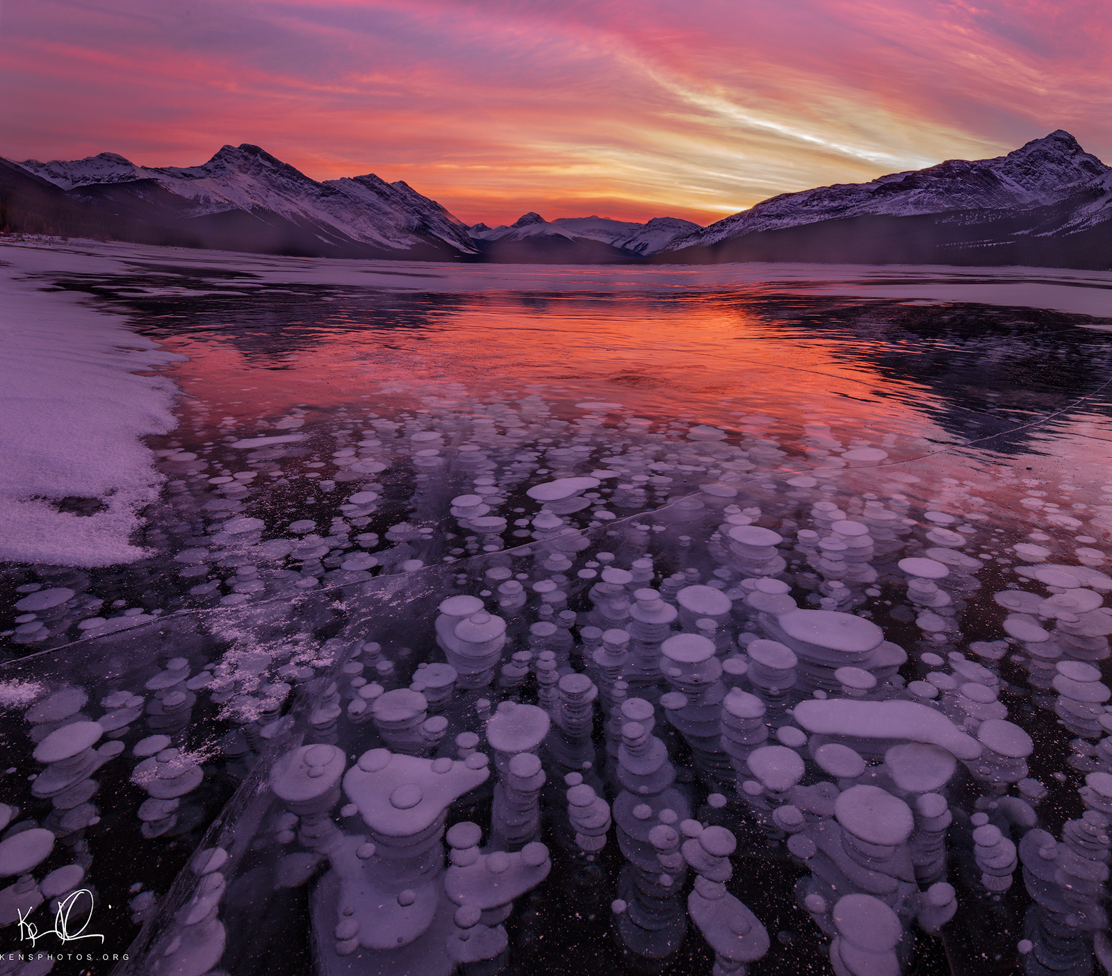   CANADIAN ROCKIES.&nbsp; &nbsp;FROZEN METHANE BUBBLES TRAPPED UNDER THE ICE. 
