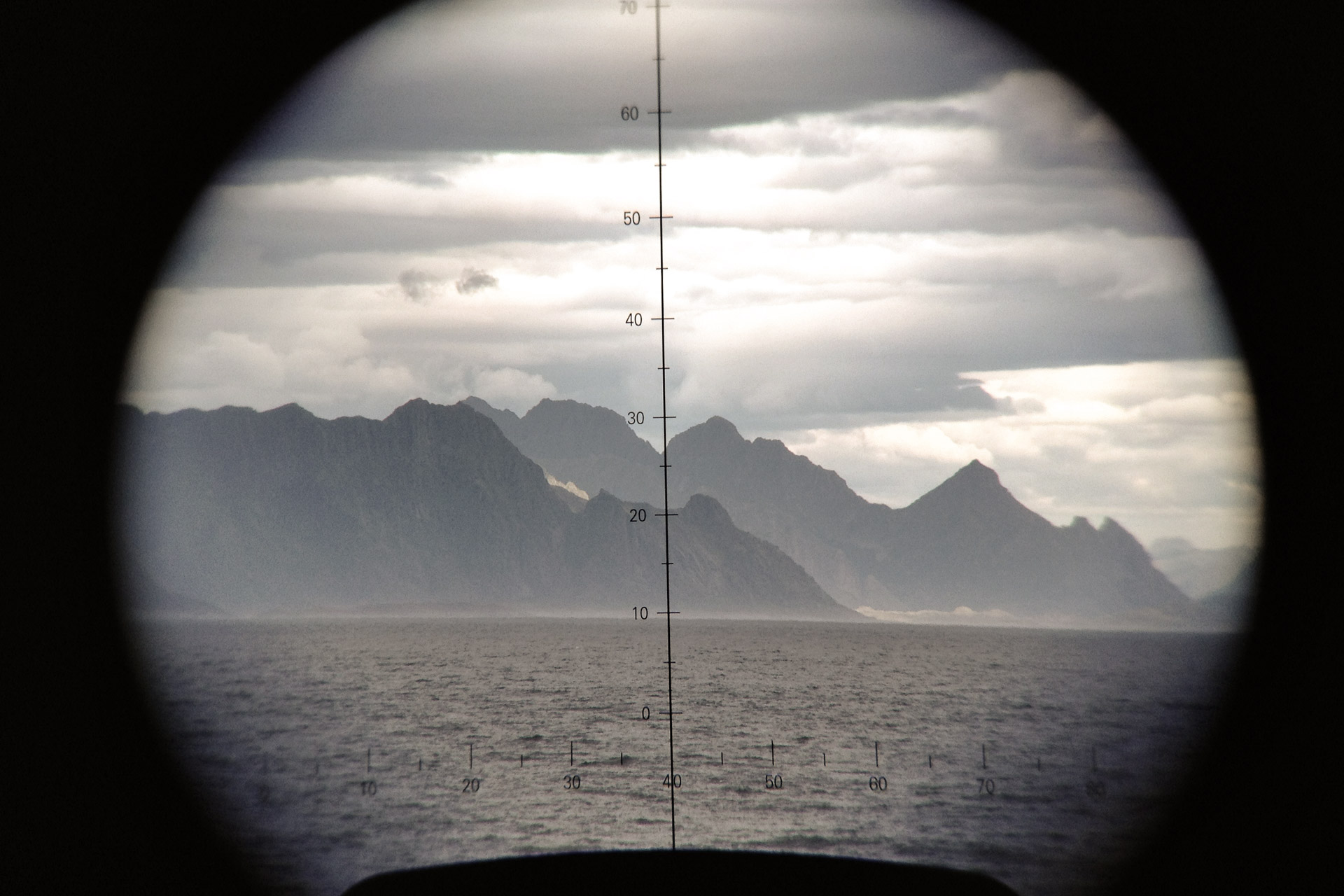 Mountains of Lofoten through binoculars