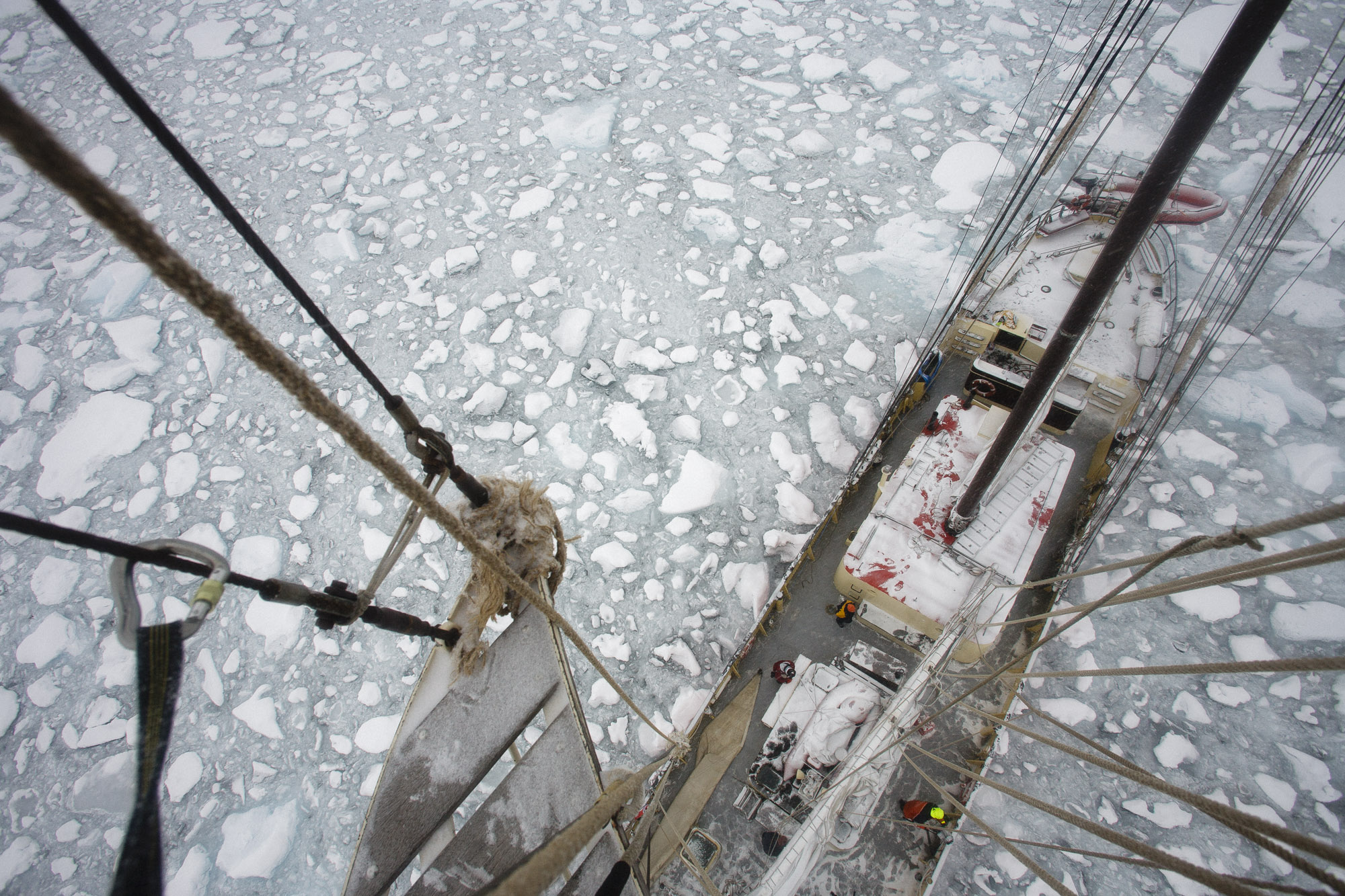 The frozen deck of ship viewed from the mast