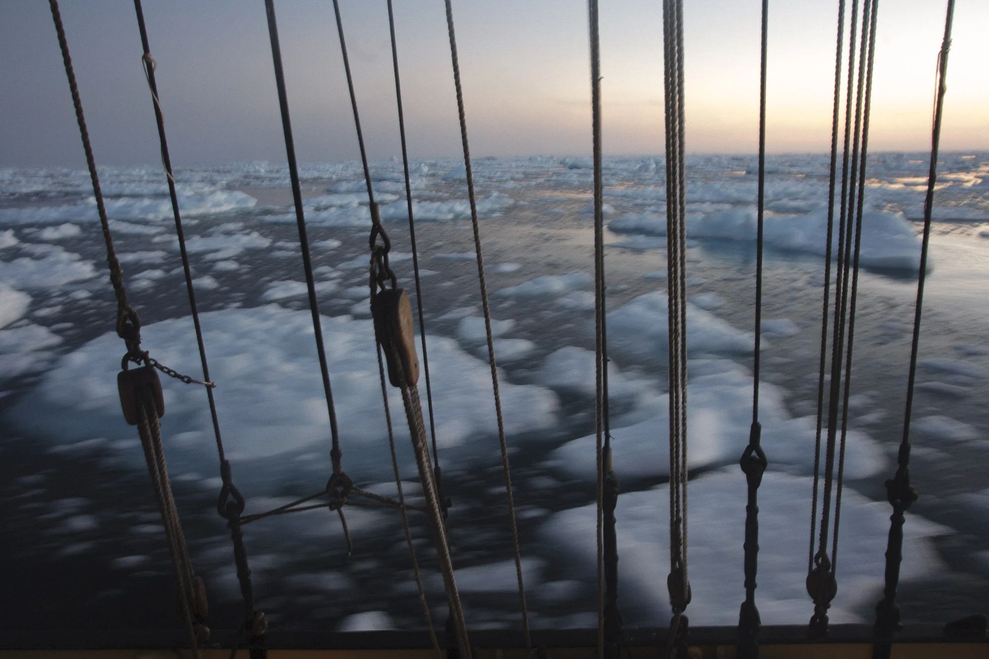 Rigging and sea ice with ice floes in background