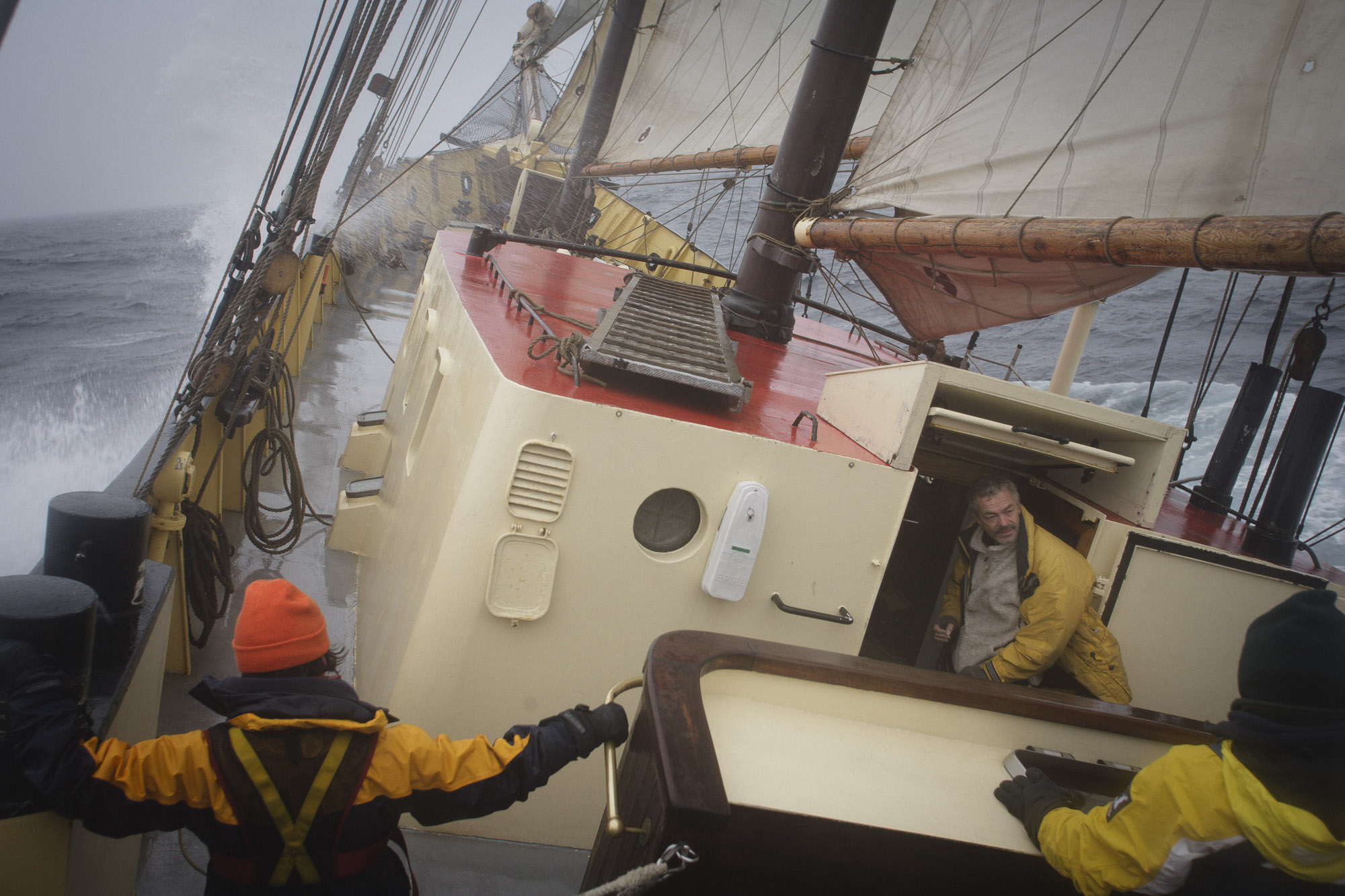 The Noorderlicht sailing ship in a storm in the Arctic Ocean