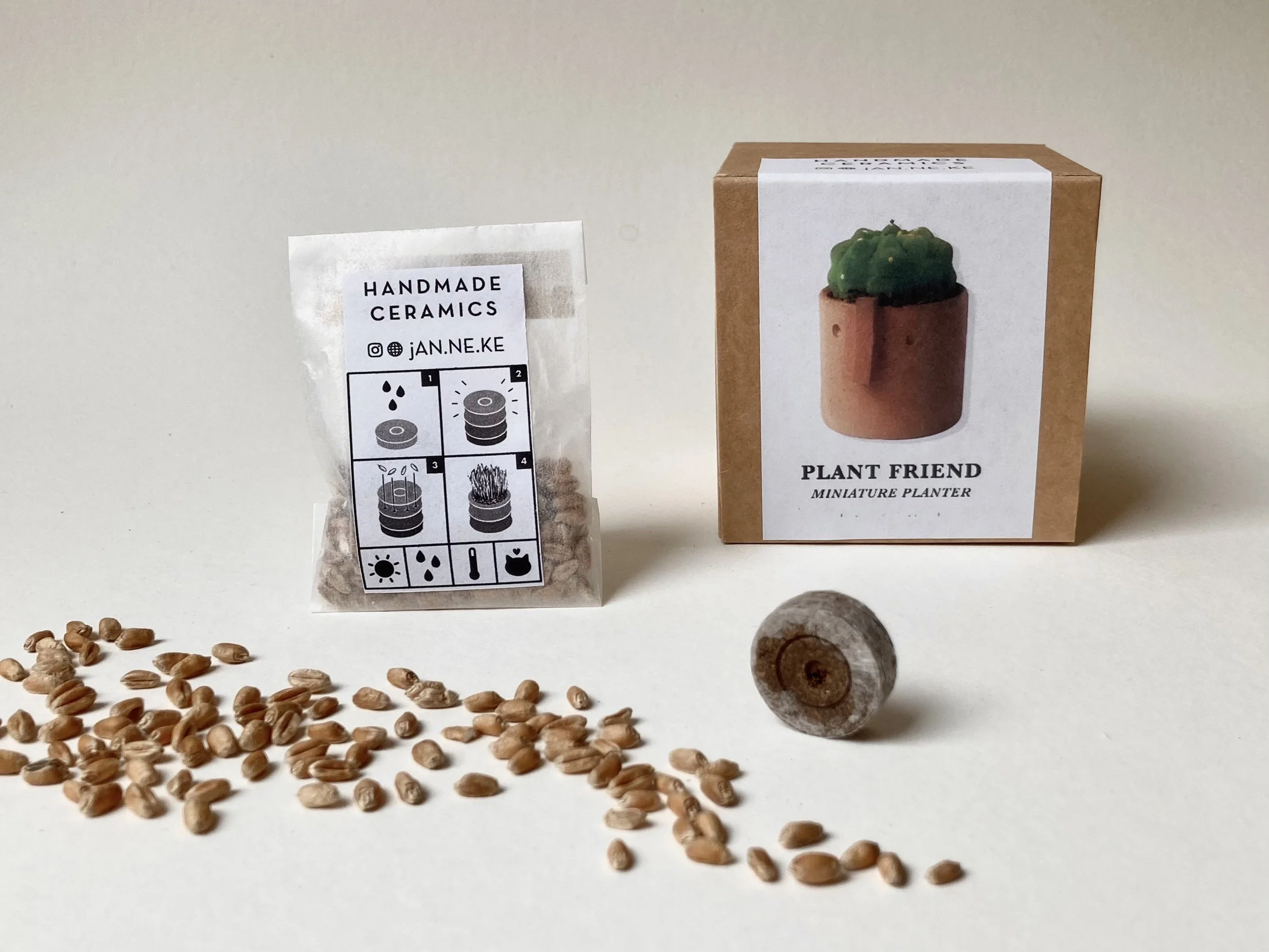 Tiny Friend Terracotta Face Pot - Cat Grass Planter - Handmade Ceramics by Studio Janneke in London