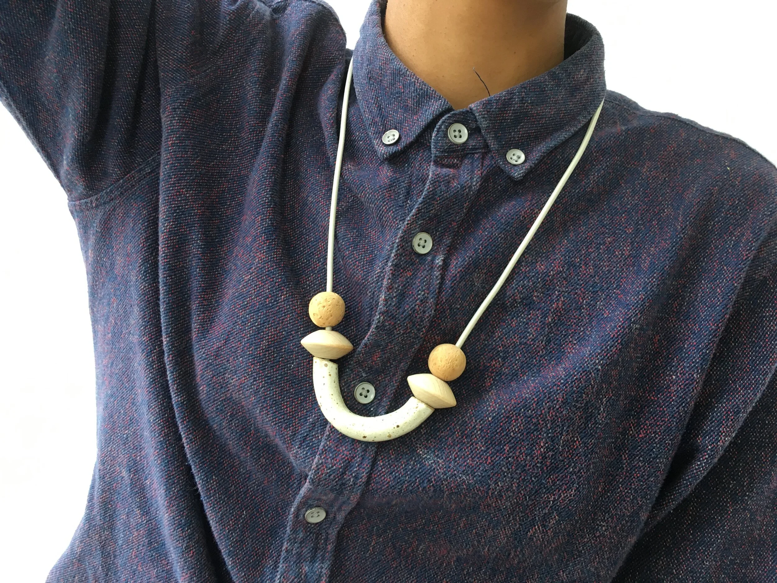 Tube Necklace - Mixed Material Clay Cork Wood Felt Brass Glass Necklace - Ceramic Jewellery - Handmade Ceramics by Studio Janneke in London