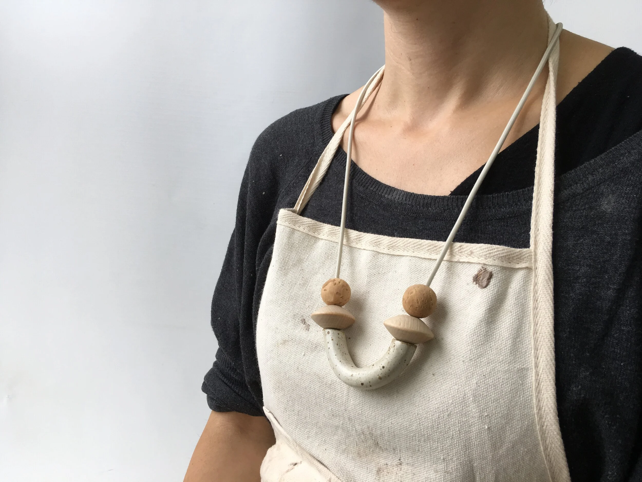 Tube Necklace - Mixed Material Clay Cork Wood Felt Brass Glass Necklace - Ceramic Jewellery - Handmade Ceramics by Studio Janneke in London