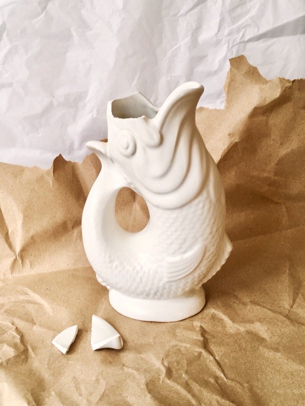Studio Janneke x Maisie Utting Darthmouth Pottery Guggle Jug Fish Vase with Kintsugi transformative gold repair details