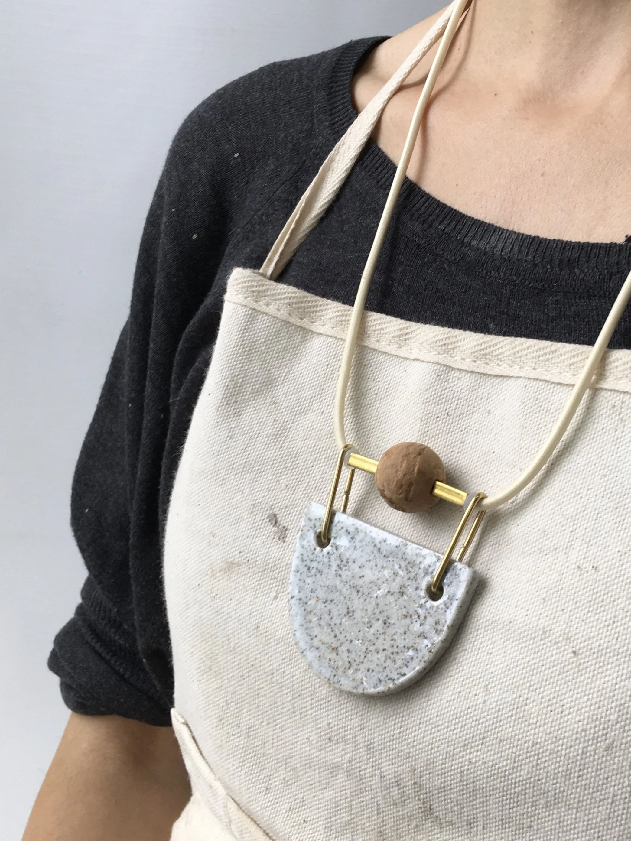 Bib Necklace - Mixed Material Clay Cork Wood Felt Brass Glass Necklace - Ceramic Jewellery - Handmade Ceramics by Studio Janneke in London