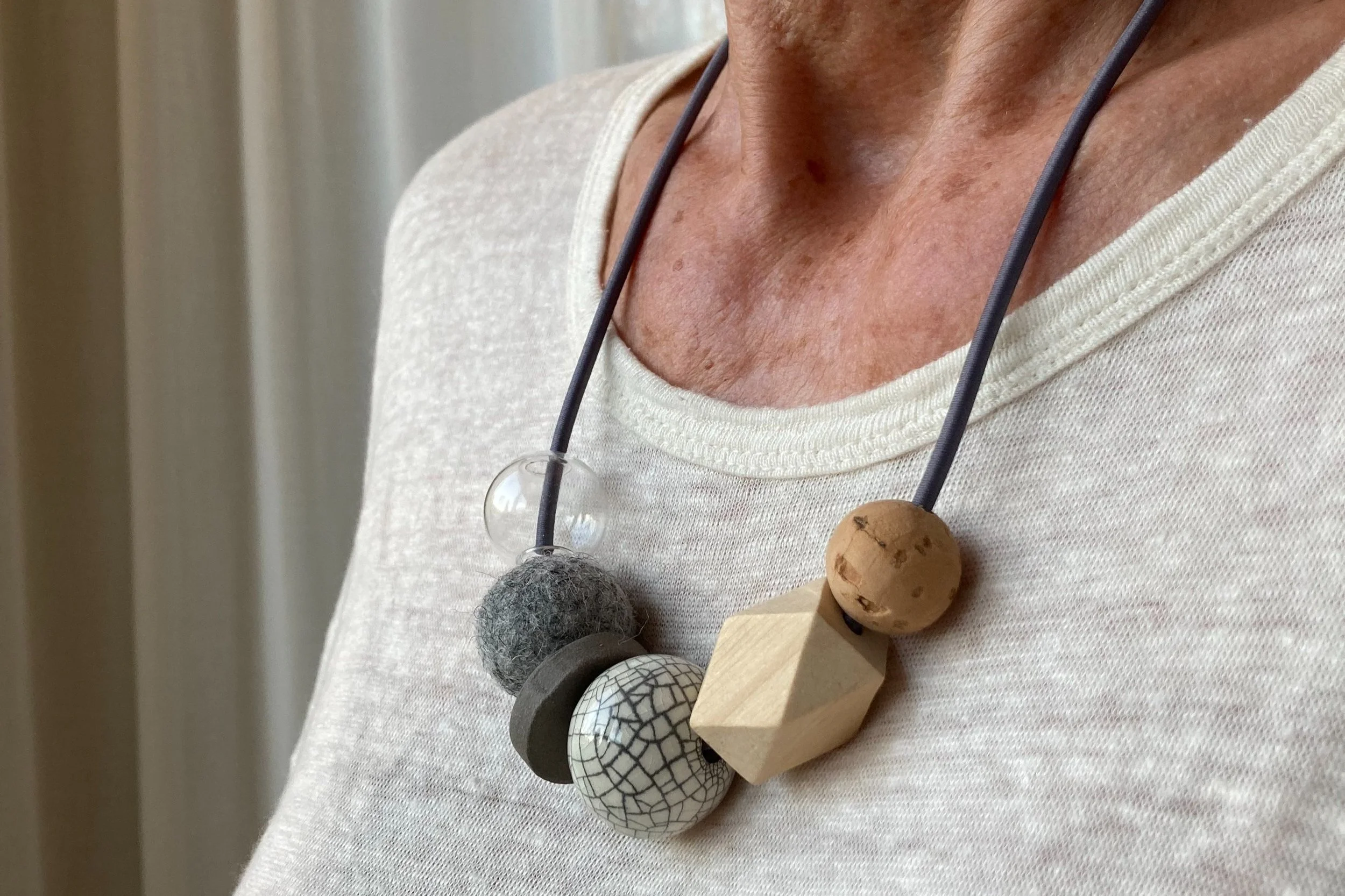 Grey Totem Necklace - Mixed Material Clay Cork Wood Felt Brass Glass Necklace - Ceramic Jewellery - Handmade Ceramics by Studio Janneke in London