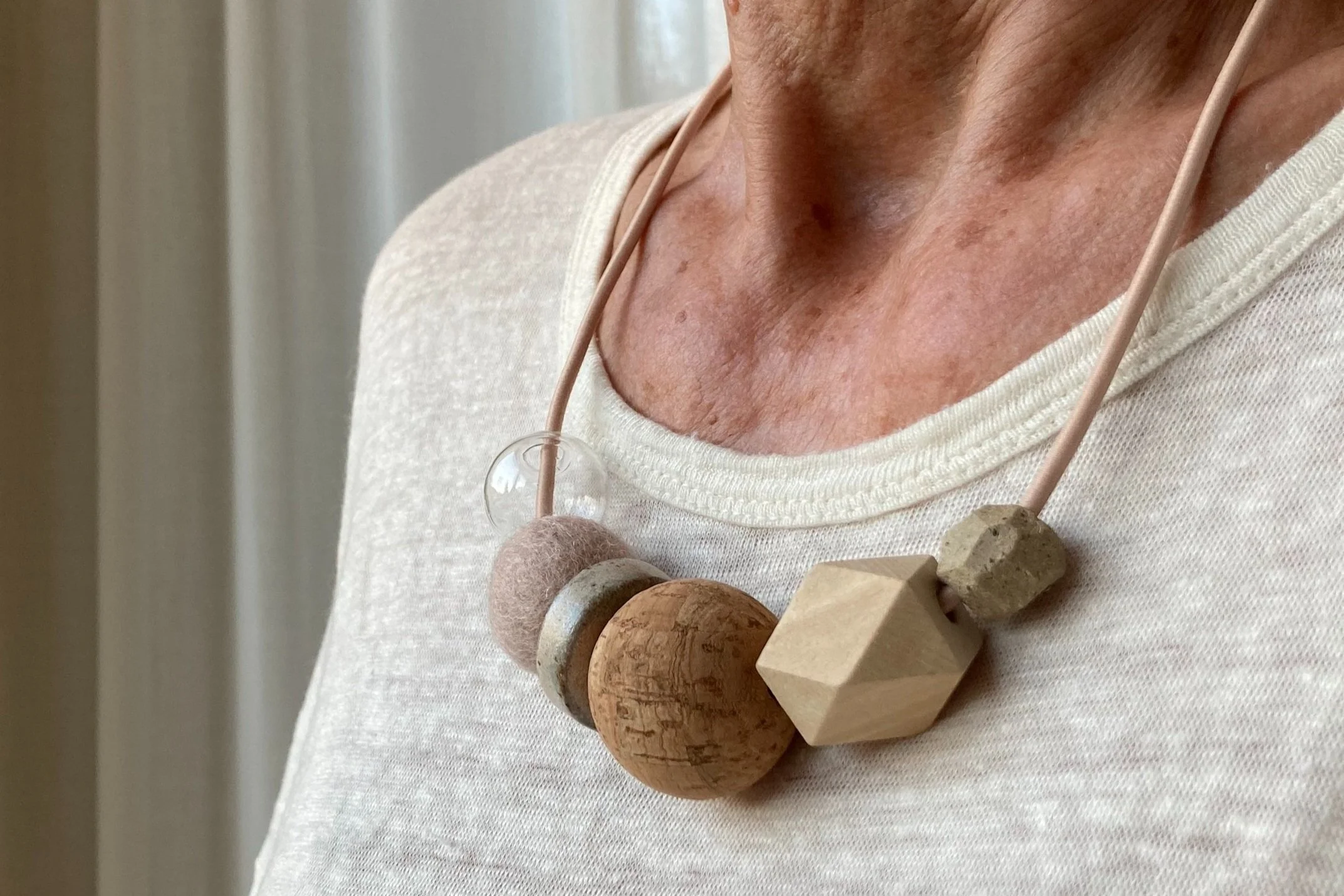 Nude Totem Necklace - Mixed Material Clay Cork Wood Felt Brass Glass Necklace - Ceramic Jewellery - Handmade Ceramics by Studio Janneke in London