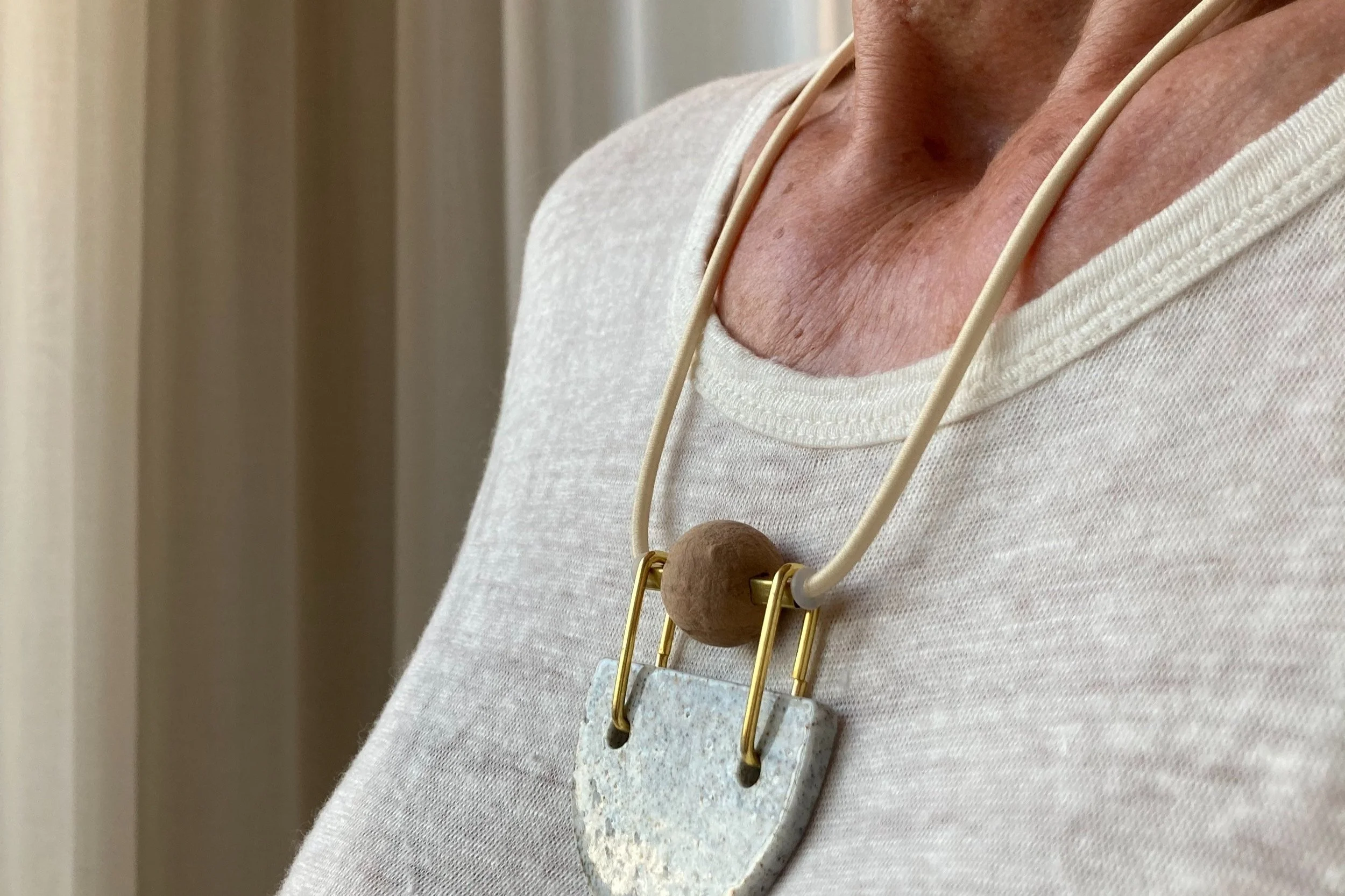 Bib Necklace - Mixed Material Clay Cork Wood Felt Brass Glass Necklace - Ceramic Jewellery - Handmade Ceramics by Studio Janneke in London