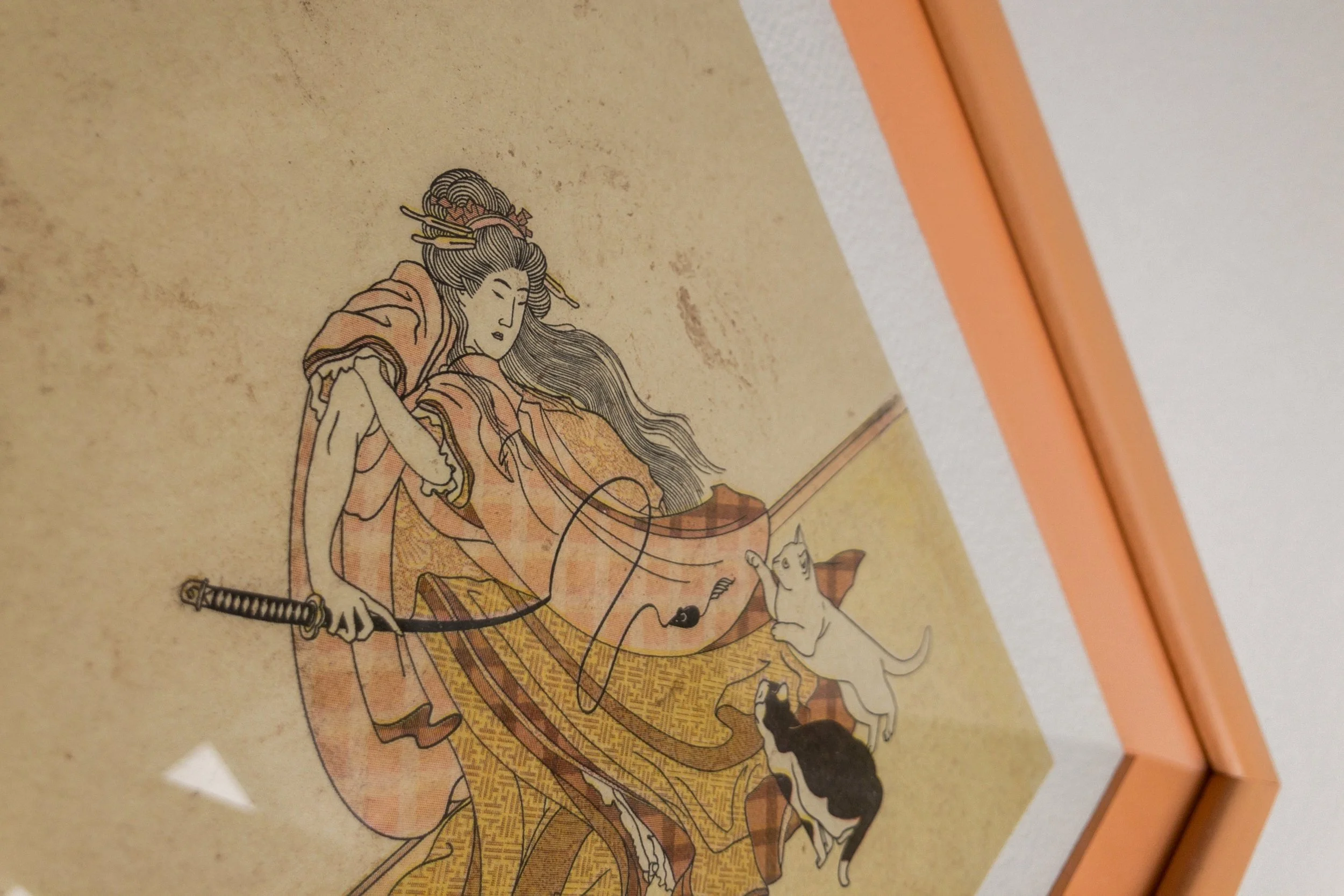 Osan Neko Musume - Cat Girl Framed Riso Print - reimagined Katsushika Hokusai Woodblock Ukiyo-e - Studio Janneke London