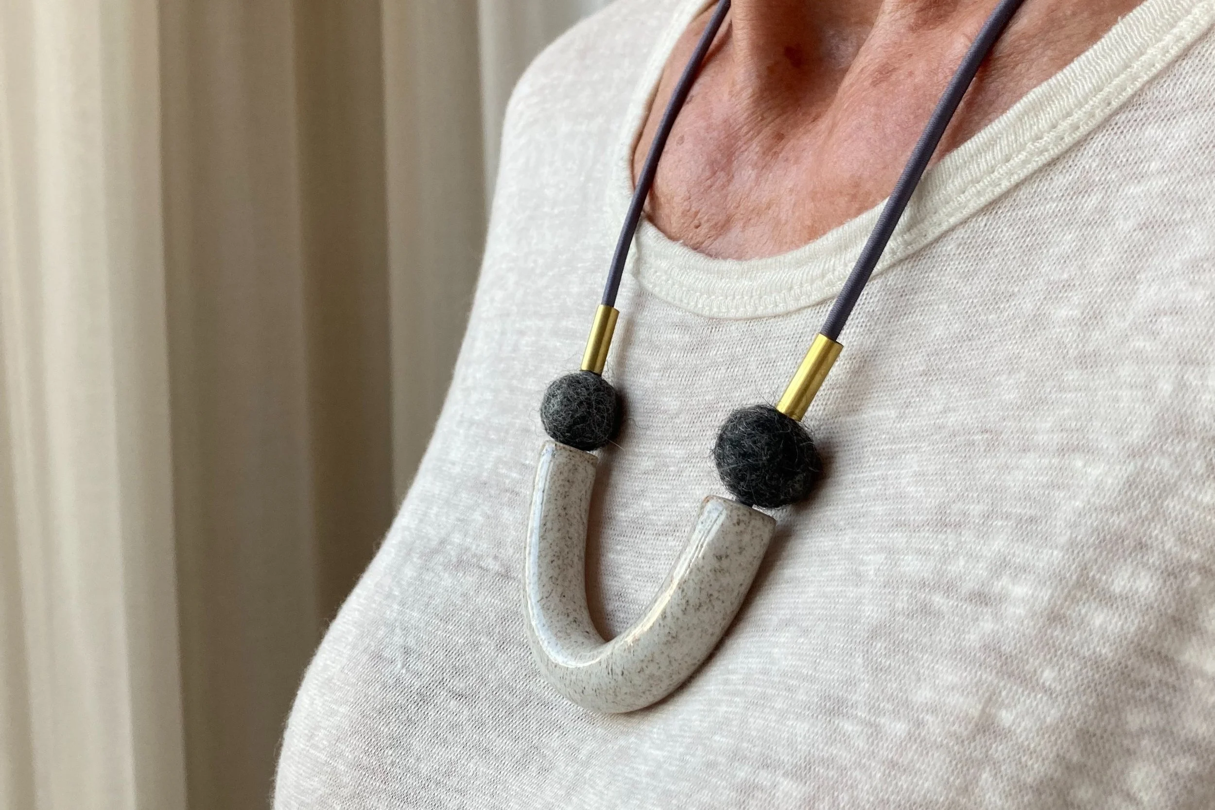 Tube Necklace - Mixed Material Clay Cork Wood Felt Brass Glass Necklace - Ceramic Jewellery - Handmade Ceramics by Studio Janneke in London