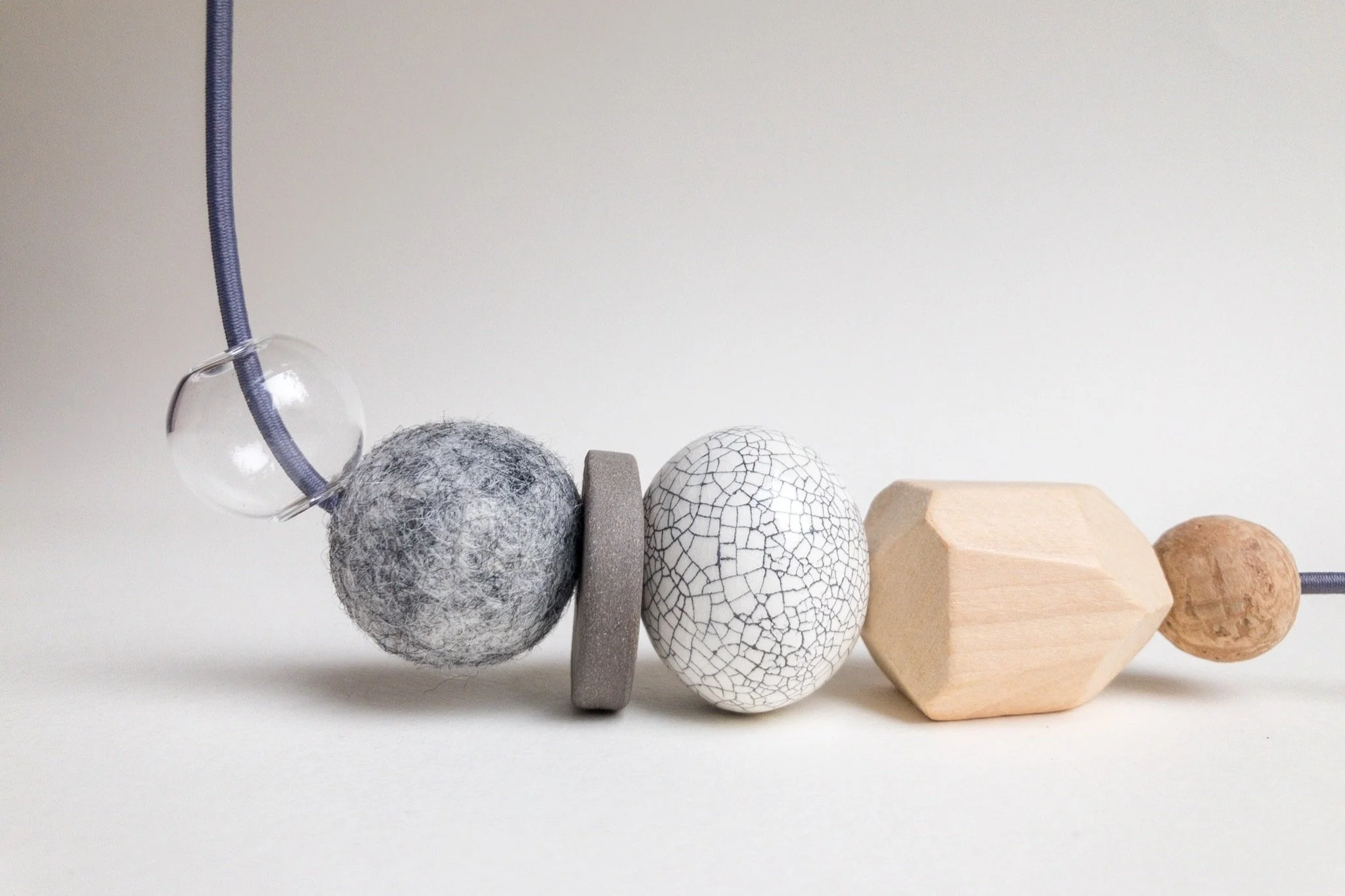 Grey Totem Necklace - Mixed Material Clay Cork Wood Felt Brass Glass Necklace - Ceramic Jewellery - Handmade Ceramics by Studio Janneke in London