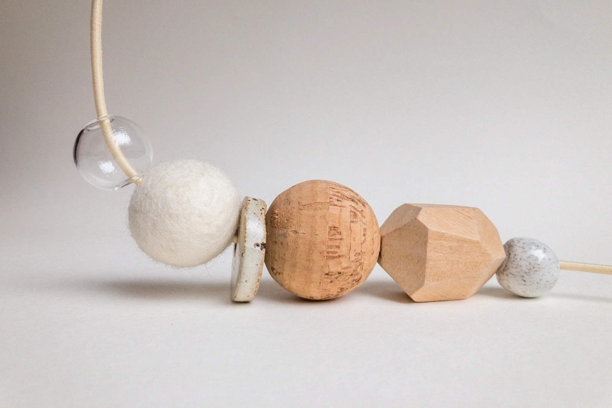 White Totem Necklace - Mixed Material Clay Cork Wood Felt Brass Glass Necklace - Ceramic Jewellery - Handmade Ceramics by Studio Janneke in London