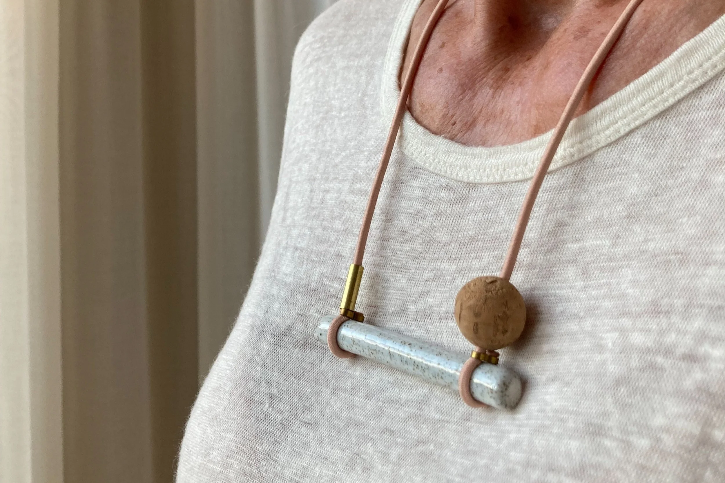 Bar Necklace - Mixed Material Clay Cork Wood Felt Brass Glass Necklace - Ceramic Jewellery - Handmade Ceramics by Studio Janneke in London