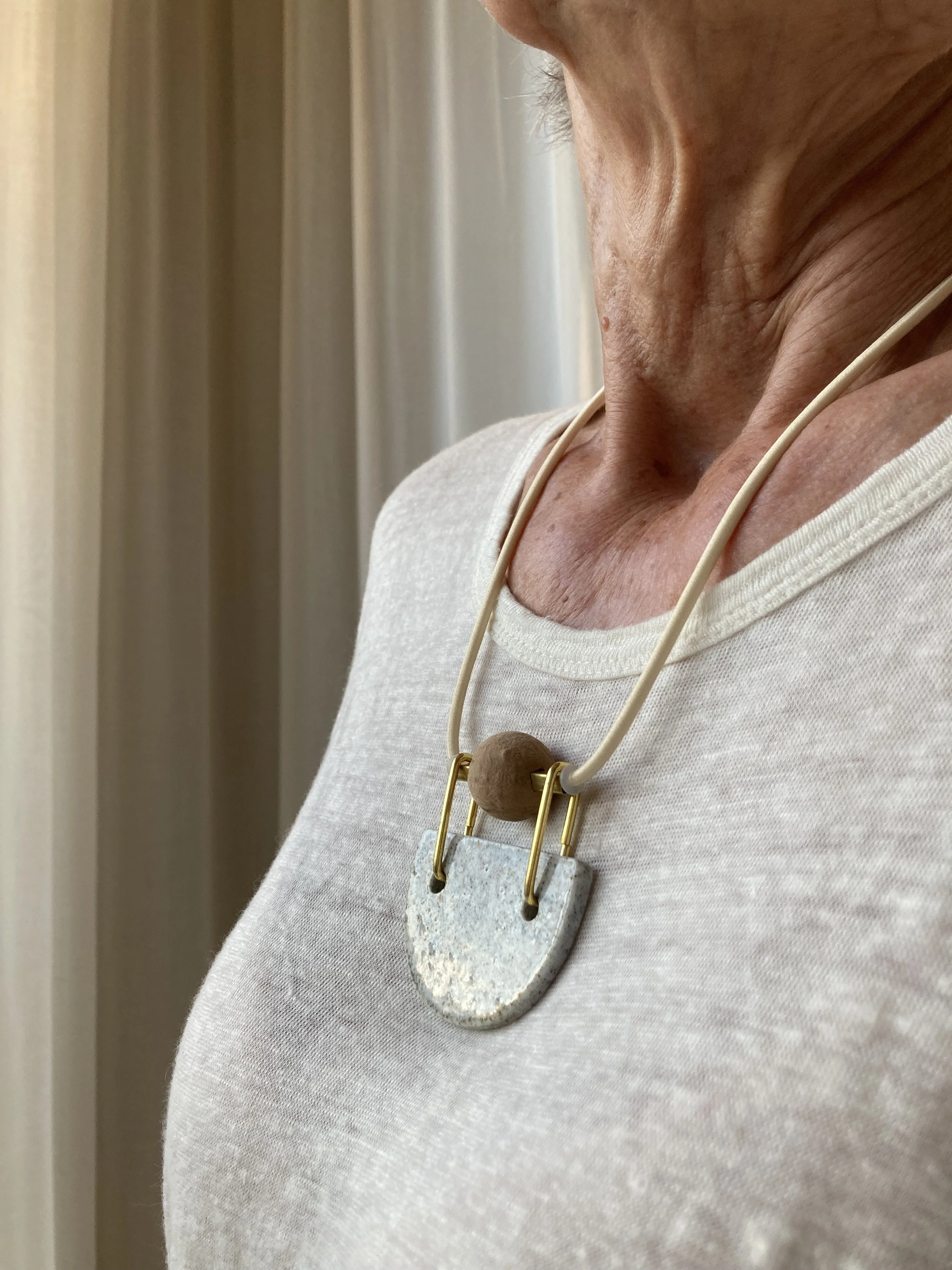 Bib Necklace - Mixed Material Clay Cork Wood Felt Brass Glass Necklace - Ceramic Jewellery - Handmade Ceramics by Studio Janneke in London