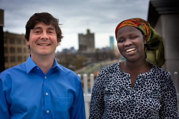 Sasha Chanoff, and Yar Ayuel, one of 89 girls who came to the U.S. with the 3,500 Lost Boys of Sudan. (Jesse Costa/Here & Now)