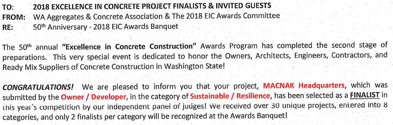 MACNAK becomes finalist for "Excellence in Concrete Construction" Award