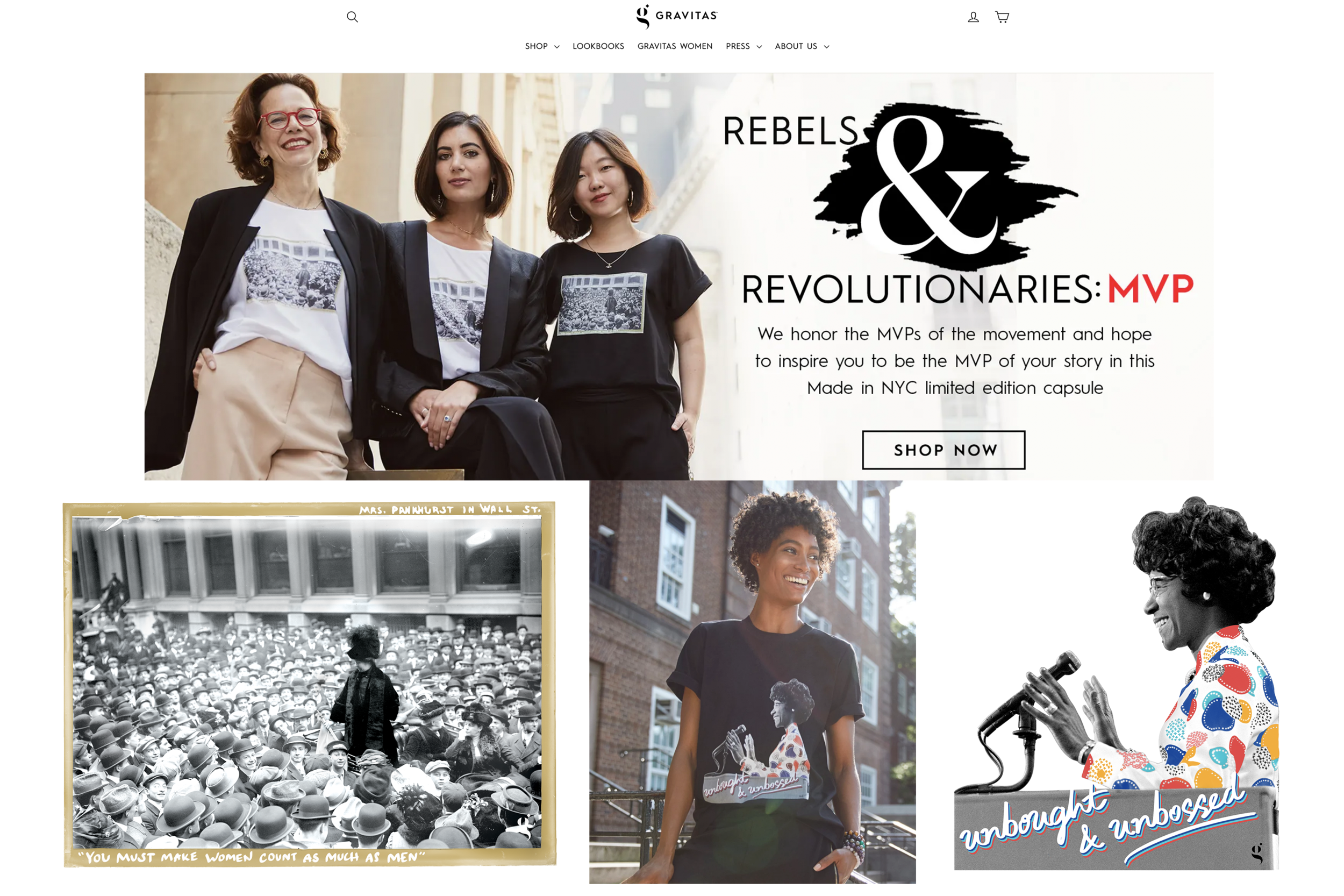Gravitas New York ‘Rebels & Revolutionaries’ capsule highlighting Emmeline Pankhurst and Shirley Chisholm’s historical strides as women in politics. Emmeline Pankhurst was renowned suffragette and Shirley Chisholm was the first black woman to run for president in 1972 with her “Unbought and Unbossed”campaign slogan.