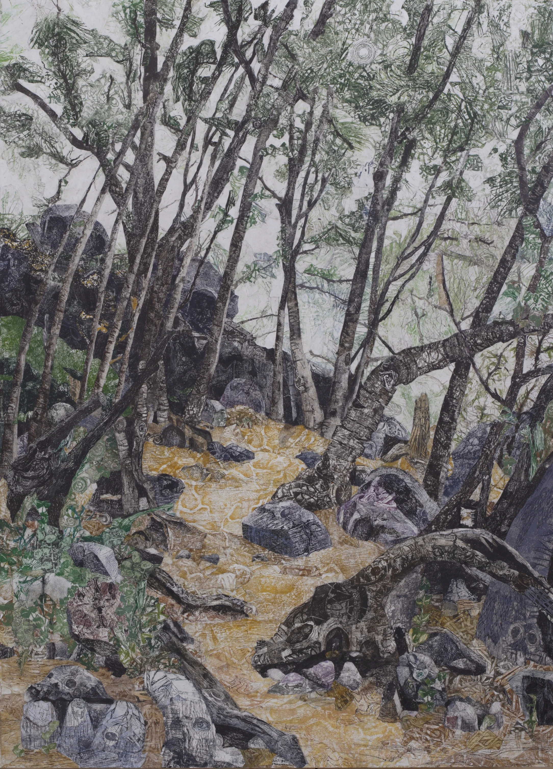 Path at Lake Anza woodblock prints on kozo paper on wood panel 72"x 52" 2013