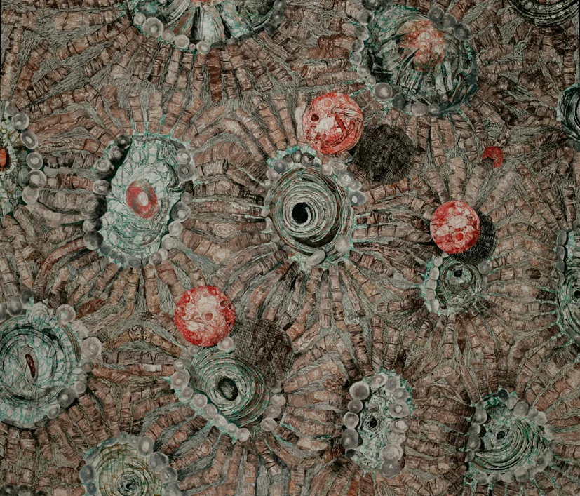 Coral woodblock prints on kozo paper on wood panel 67"x 58" 2007