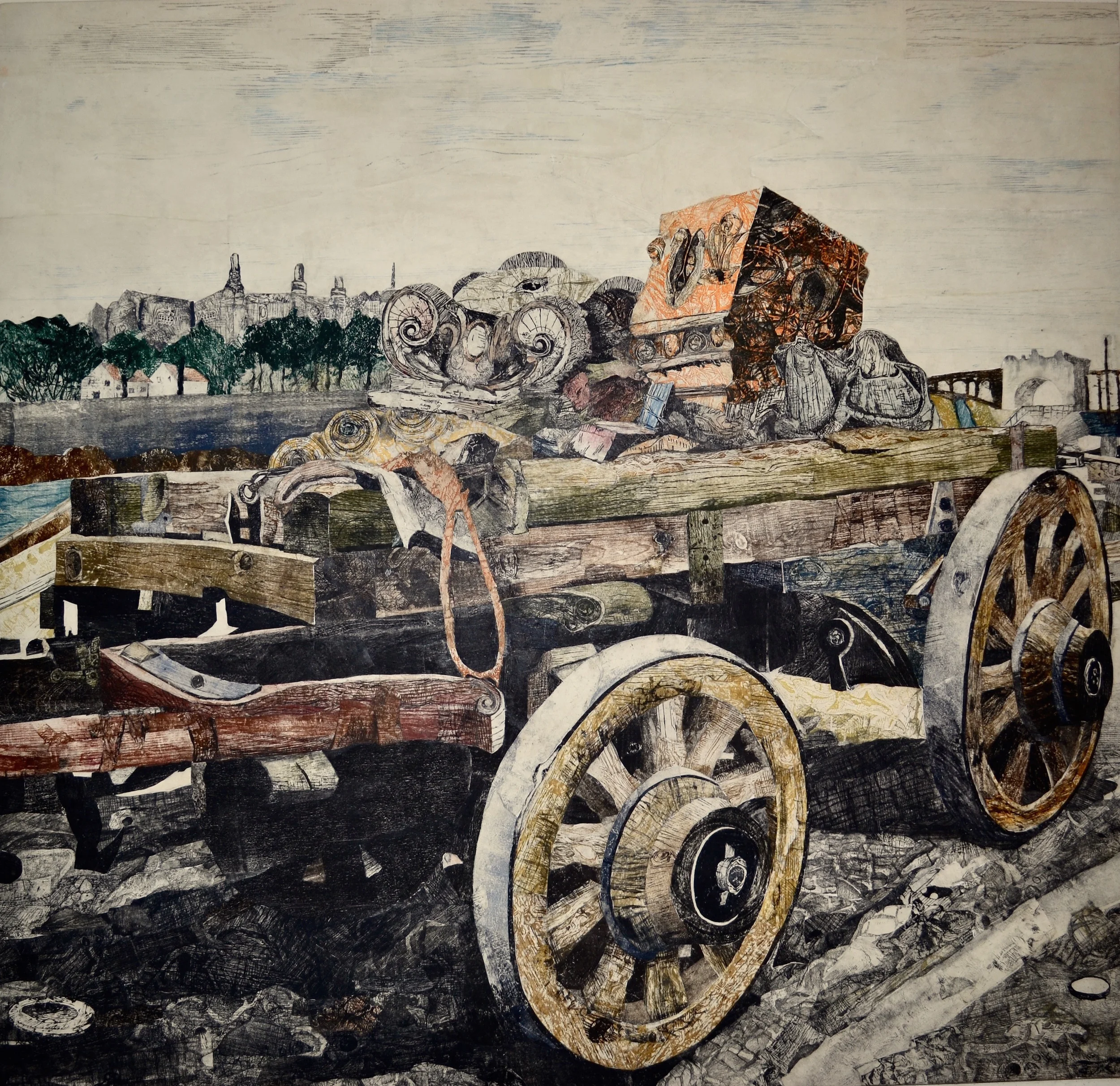 Wagon for Large Stones woodblock prints on kozo paper on wood panel 66" x 63" 2014-2015