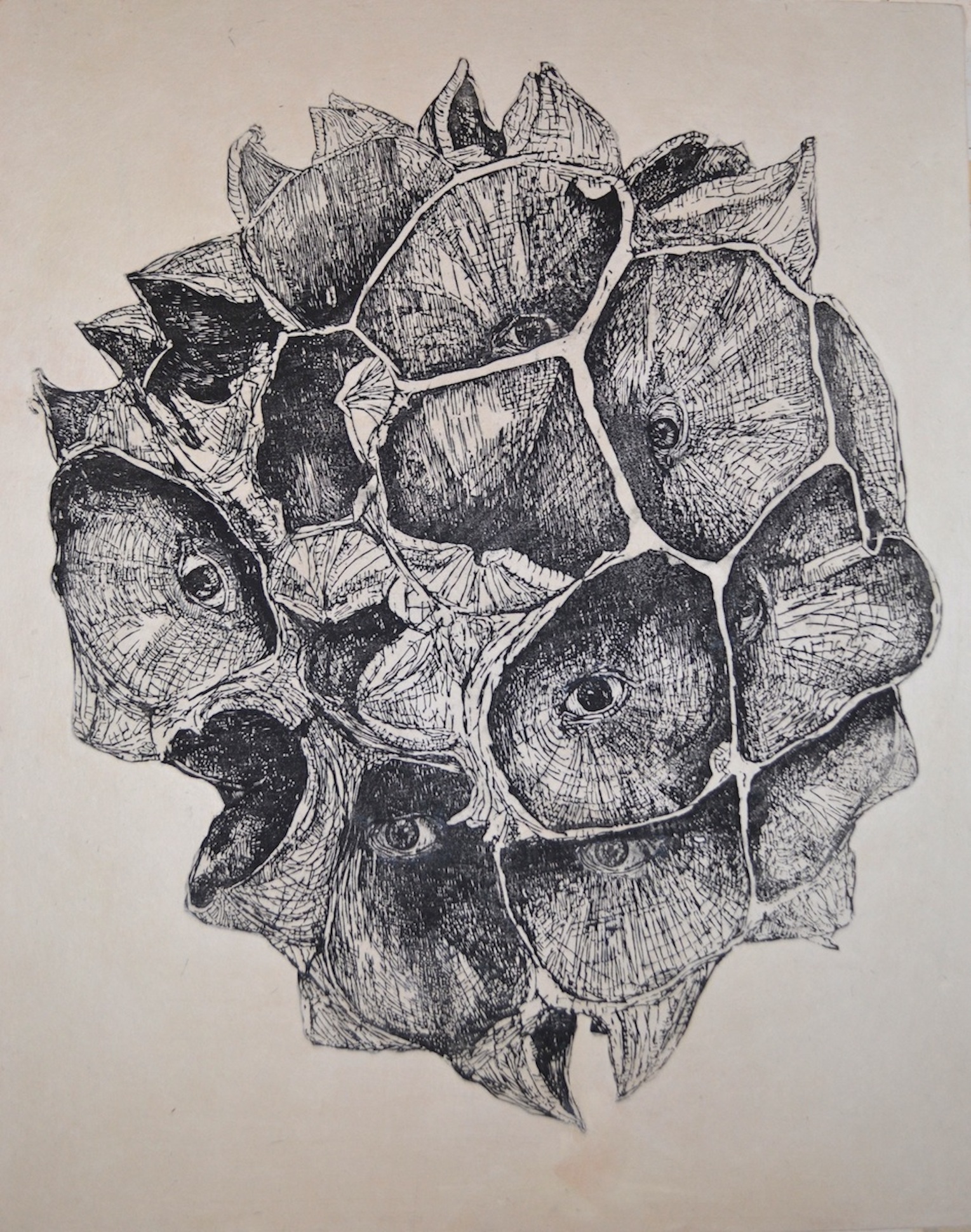  Self-Portrait as a Seed Pod  woodblock prints on kozo paper on wood panel  22" x 18"  2015    