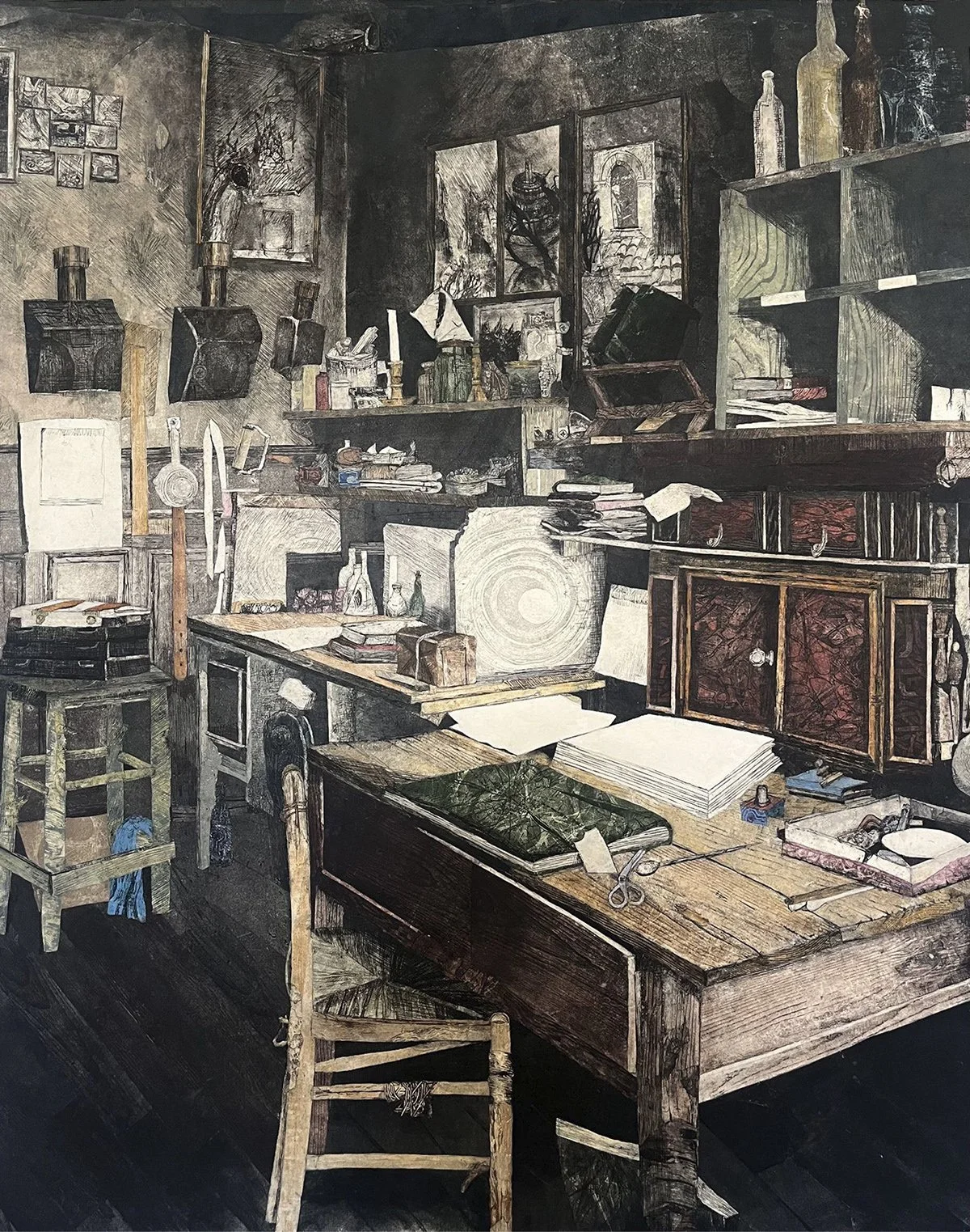 Harry Clewans assembled woodcut print homage to a photograph by Egéne Atget depicting the photographer's studio with desk, chair, stool and many books, papers and objects on the shelves around the room