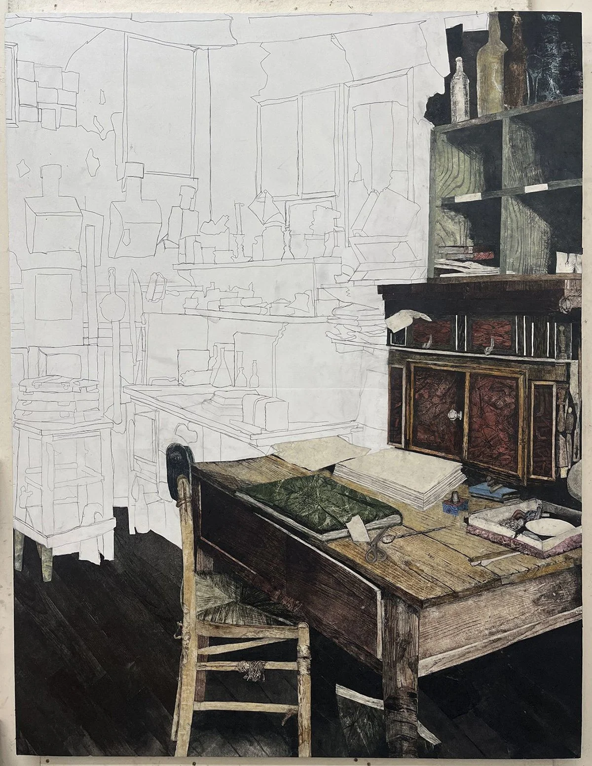 With the drawing mapped onto a wood panel, about 1/3 of the area is filled in with wood cut print shapes of various sizes and colors, allwogin the desk in the original Atget photo to take shape