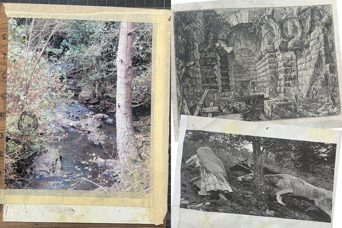 prints on paper of a bubbling brook in a wooded area, an archival photo of a woman leading two  yoked horned cattle uphill and an image of an archival engraving of a Roman emmisarium