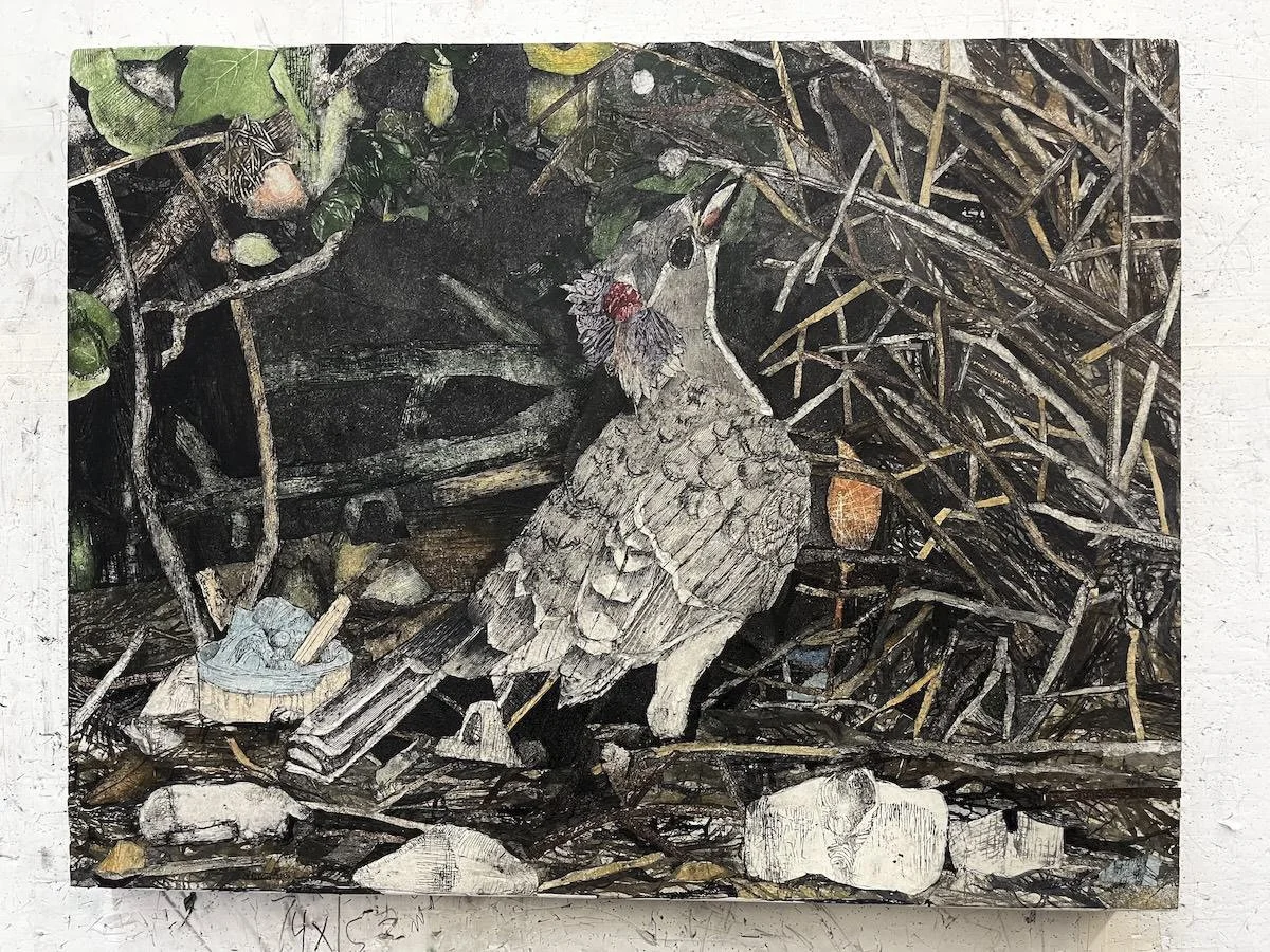 Wood cut prints assembled into an iage of a bird standing among rocks and twigs