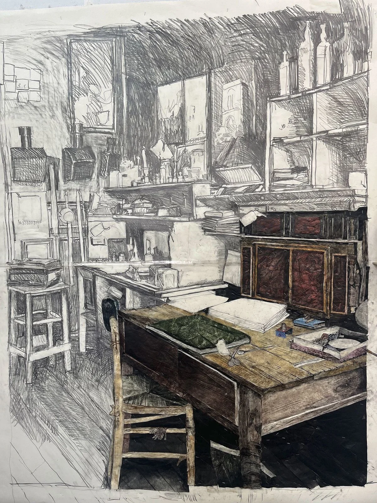 Woodcut sections by Harry Clewans attached on top of this drawing of a photo, the photographer's studio  by Egéne Atget.