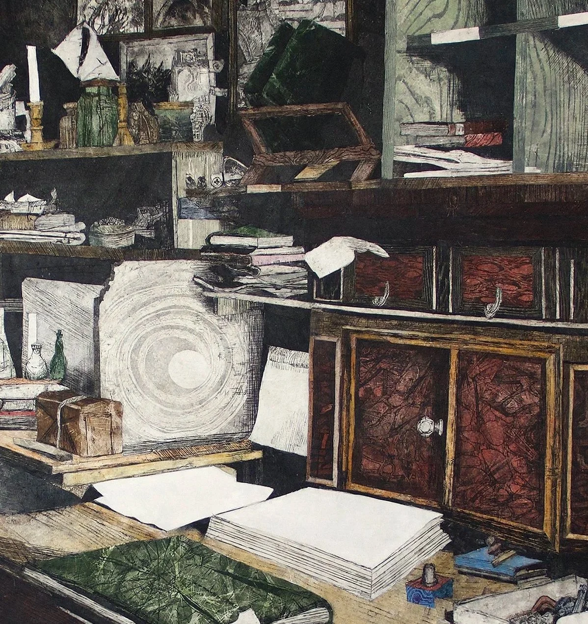 detail of final wood block print, showing wood cuts assembled to depict books, papers and other objects on the desk and shelves