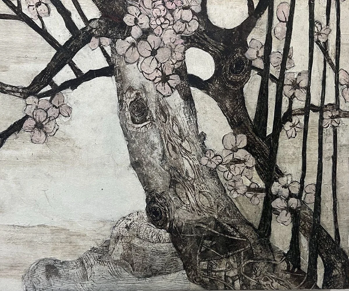 Detail of a woodcut print of an imaginary flowering cherry tree